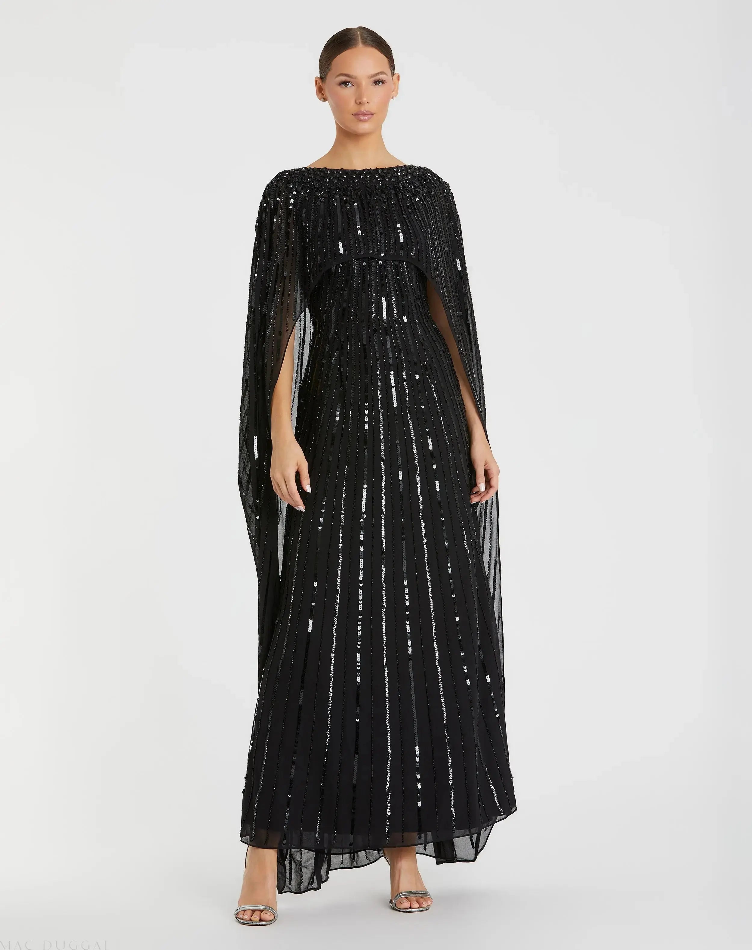 Black Embellished Beaded Column Cape Gown-Myartka