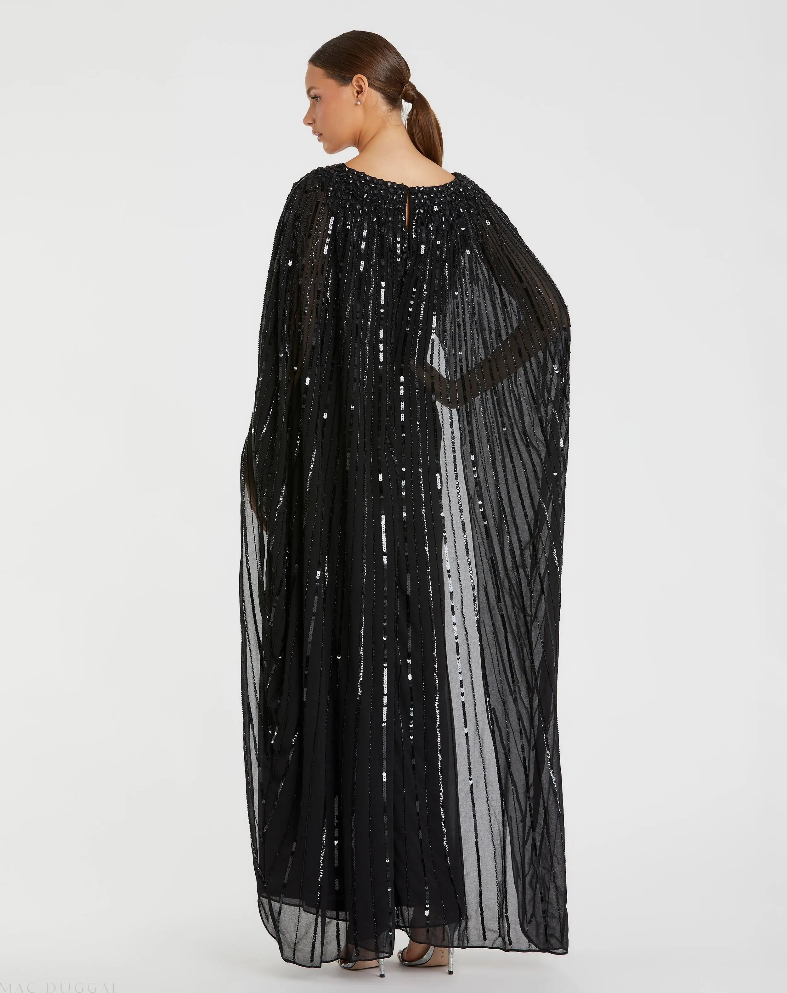 Black Embellished Beaded Column Cape Gown-Myartka