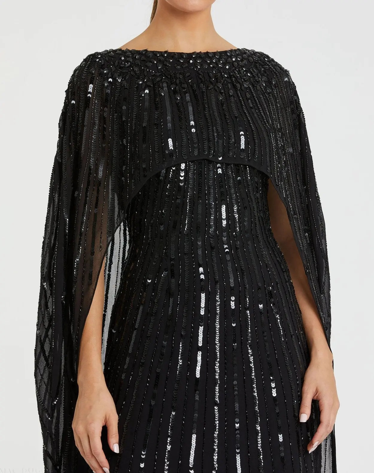 Black Embellished Beaded Column Cape Gown-Myartka