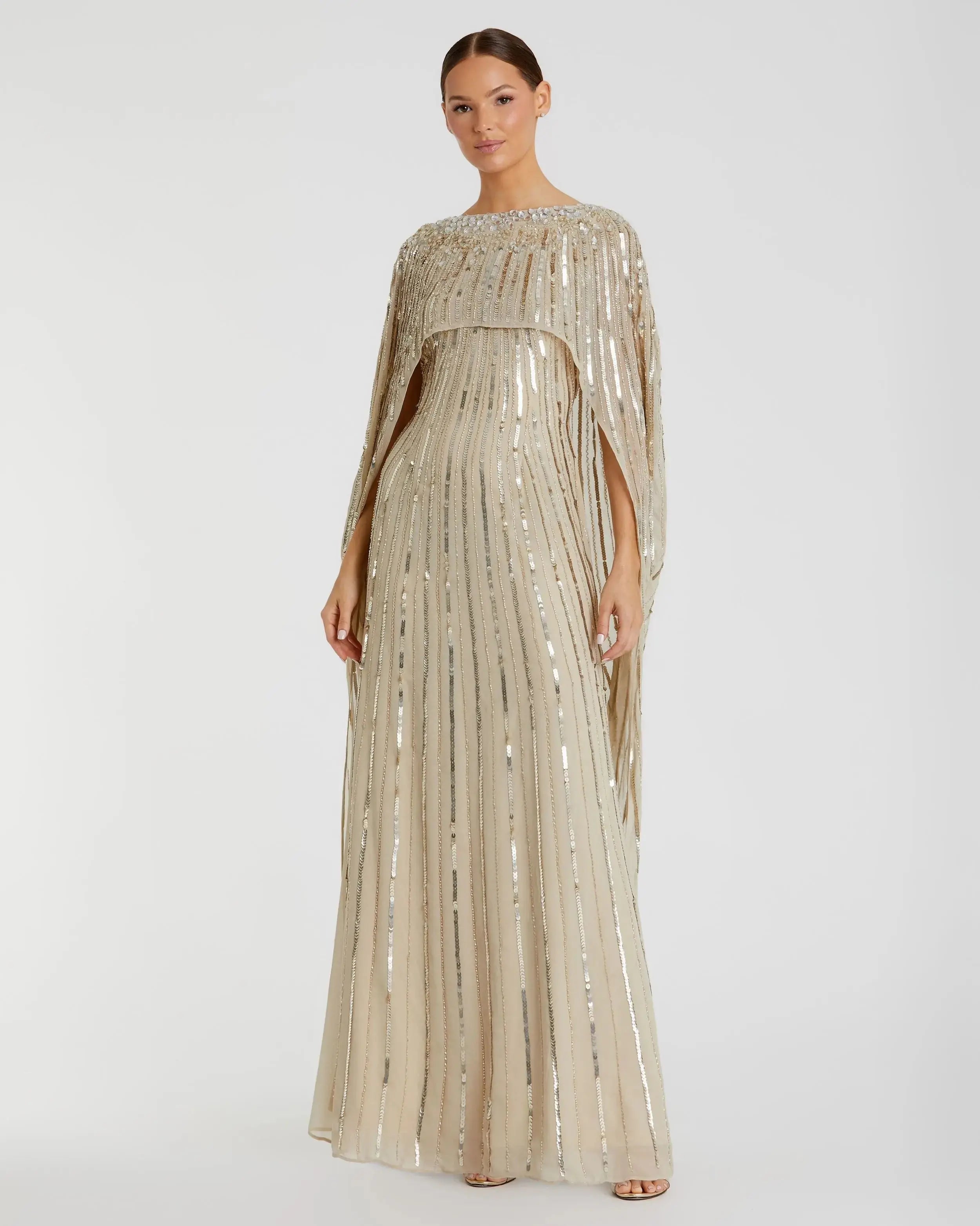 Embellished Beaded Column Cape Gown-Myartka