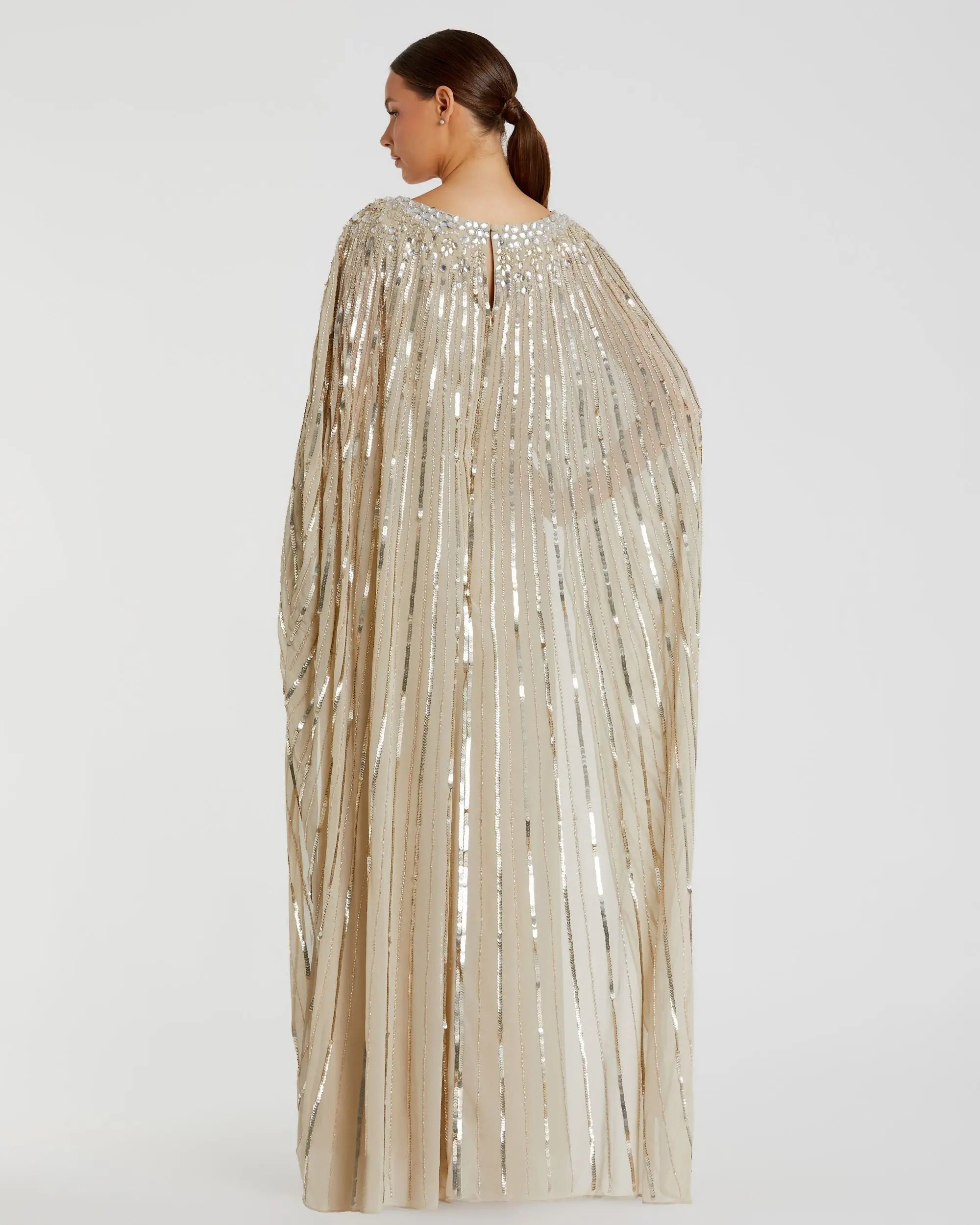 Gold Embellished Beaded Column Cape Gown-Myartka