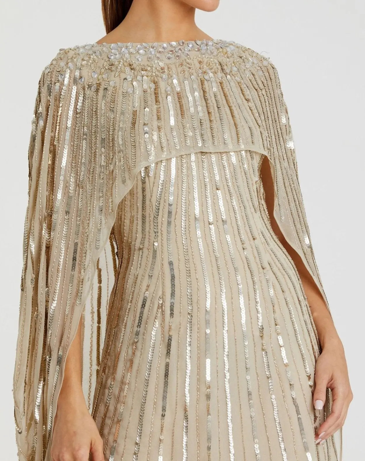 Gold Embellished Beaded Column Cape Gown-Myartka
