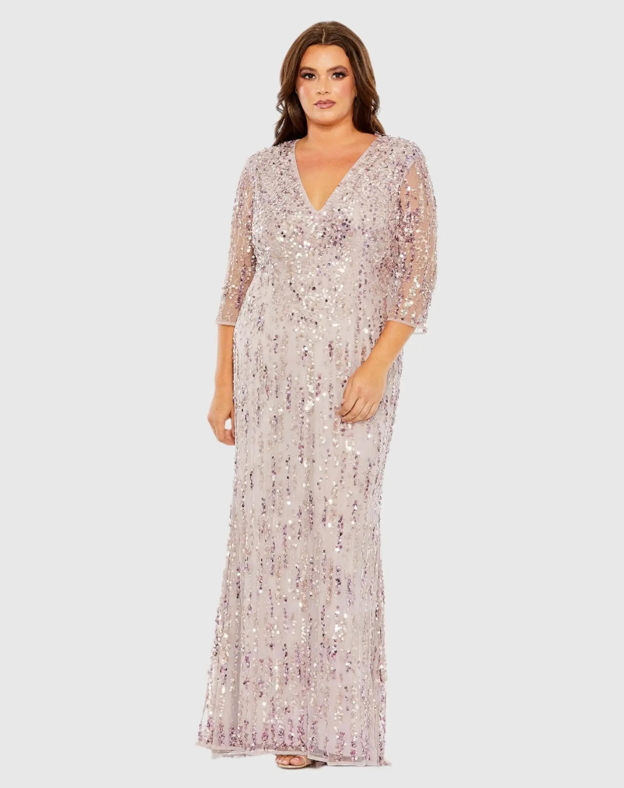 Mid Length Mesh Sleeve V Neck Embellished Gown-Myartka