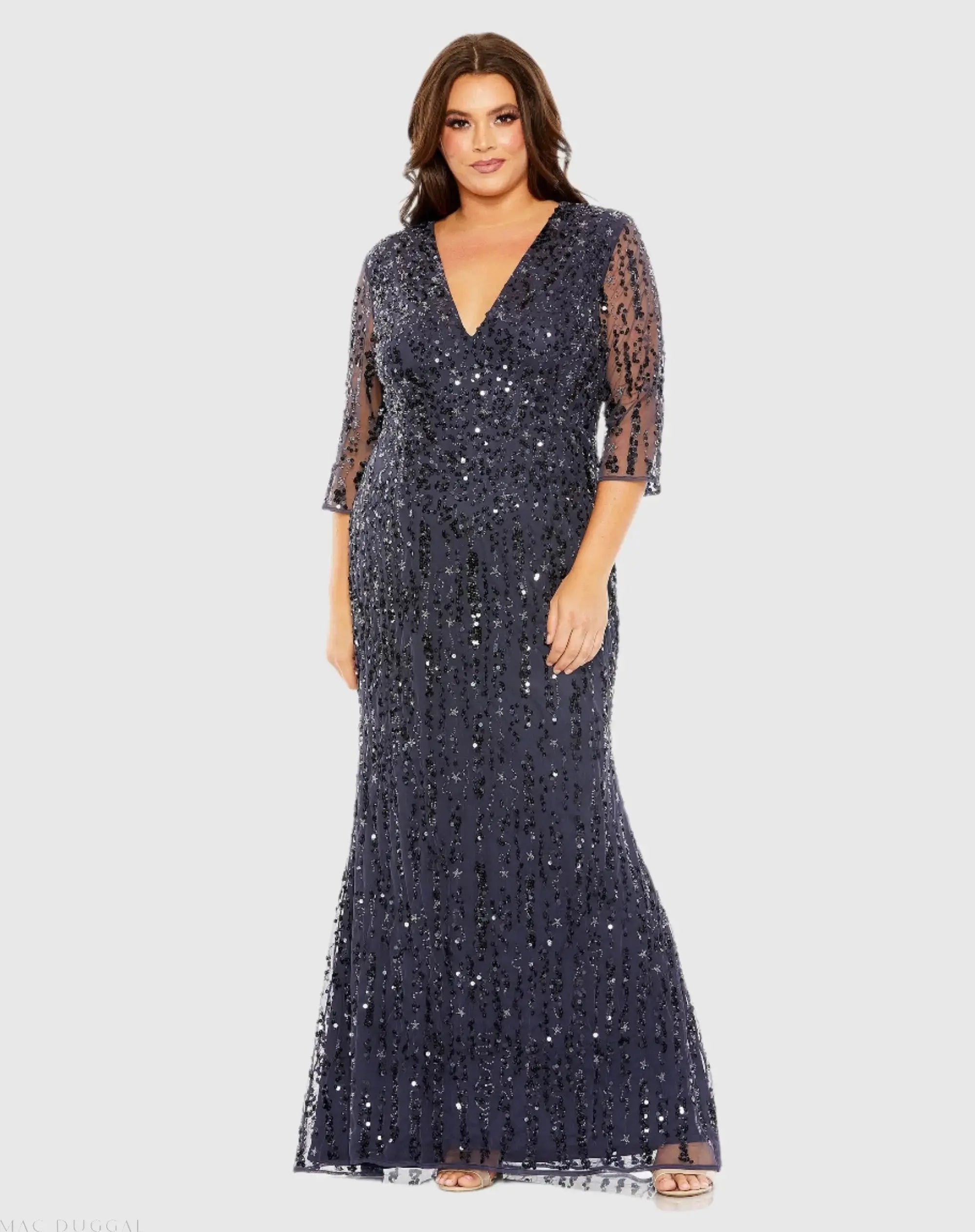 Mid Length Mesh Sleeve V Neck Embellished Gown-Myartka