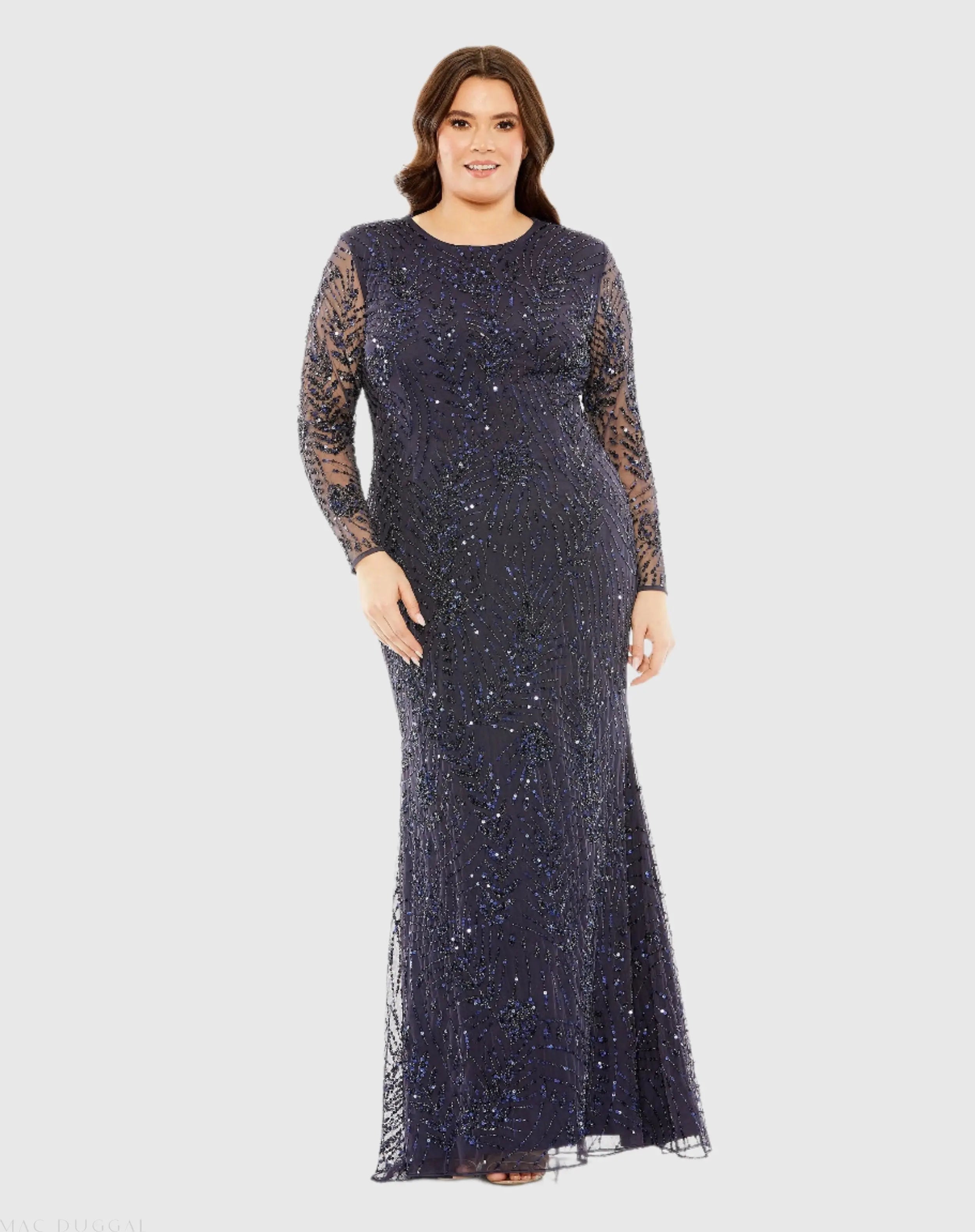 Navy Long Sleeve Mesh Embellished Gown-Myartka