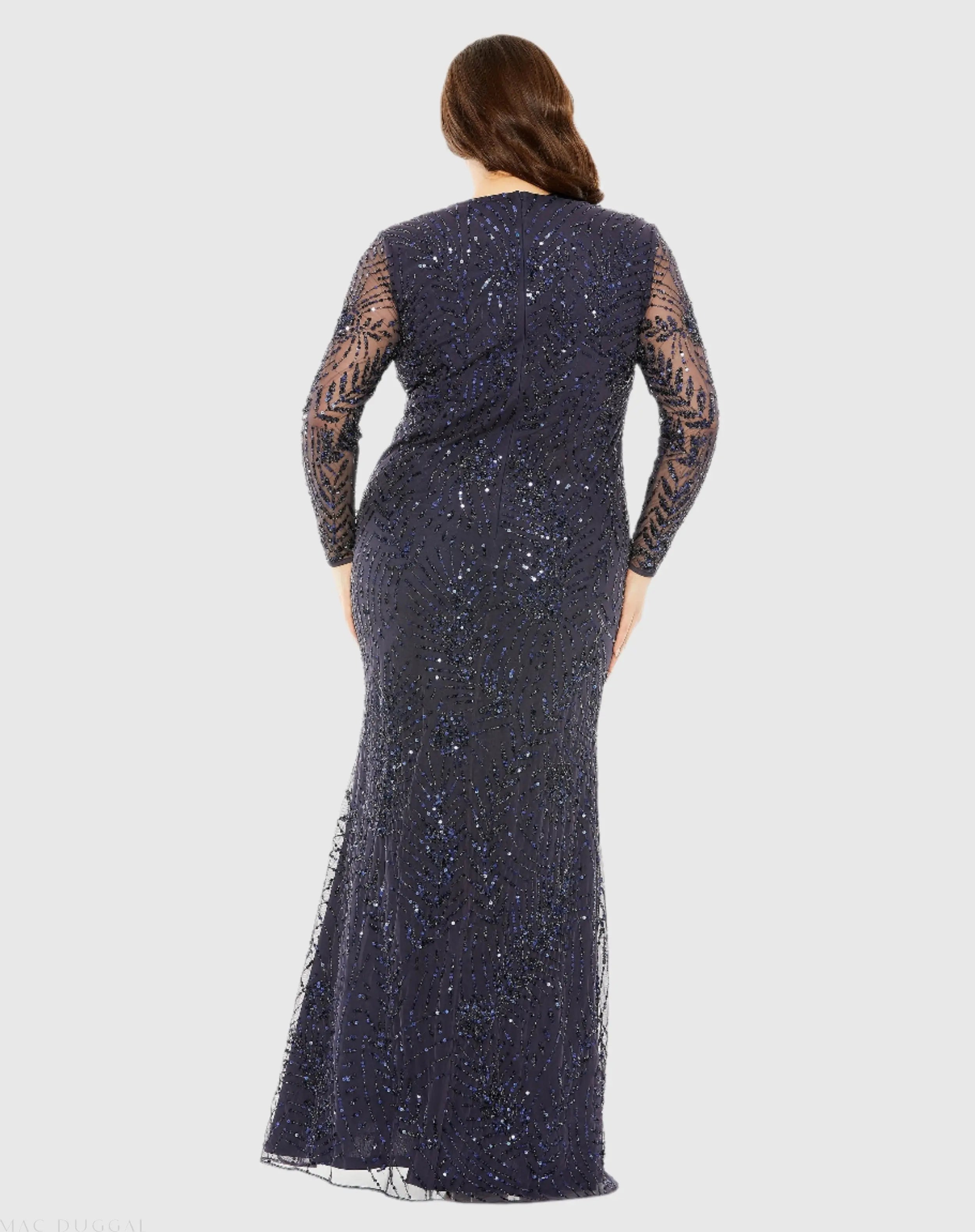 Navy Long Sleeve Mesh Embellished Gown-Myartka