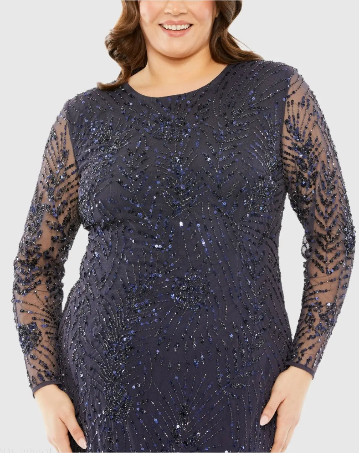Navy Long Sleeve Mesh Embellished Gown-Myartka