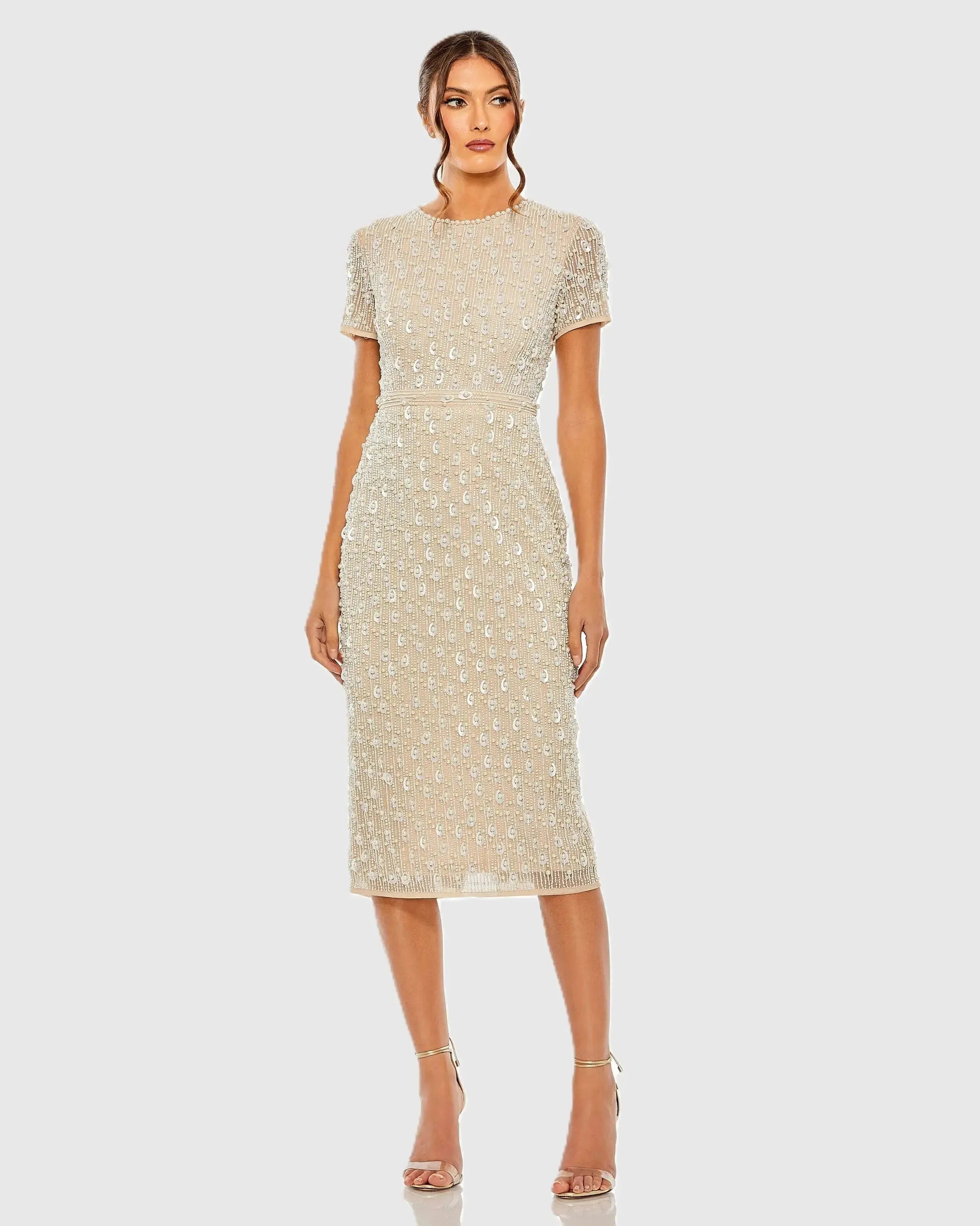 Beige High Neck Short Sleeve Embellished Midi Sheath Dress-Myartka