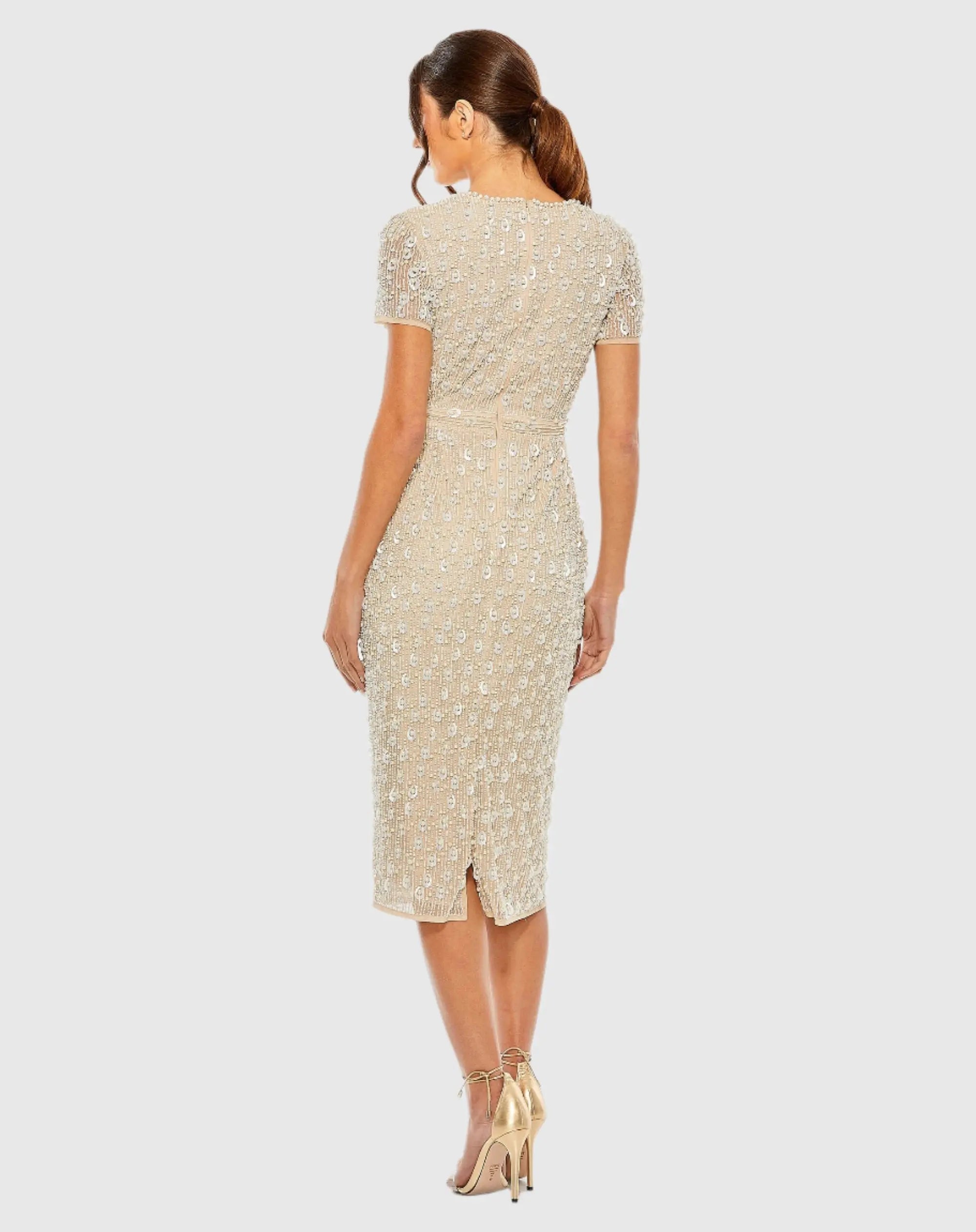 Beige High Neck Short Sleeve Embellished Midi Sheath Dress-Myartka