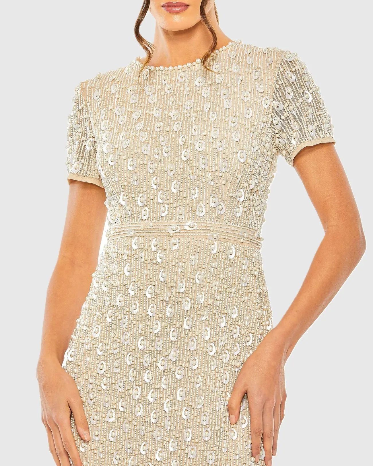 Beige High Neck Short Sleeve Embellished Midi Sheath Dress-Myartka