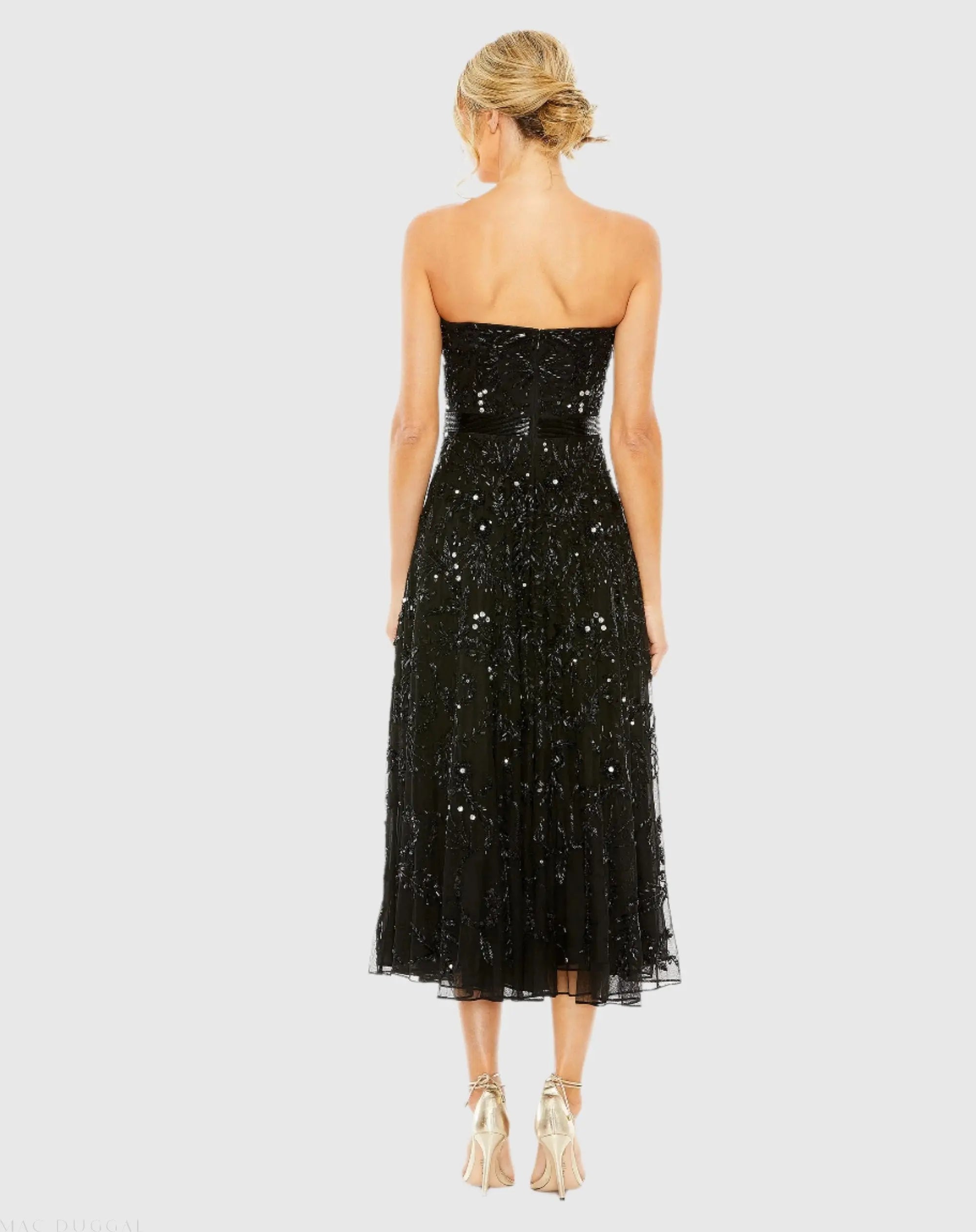Black Strapless Embellished A Line Dress-Myartka