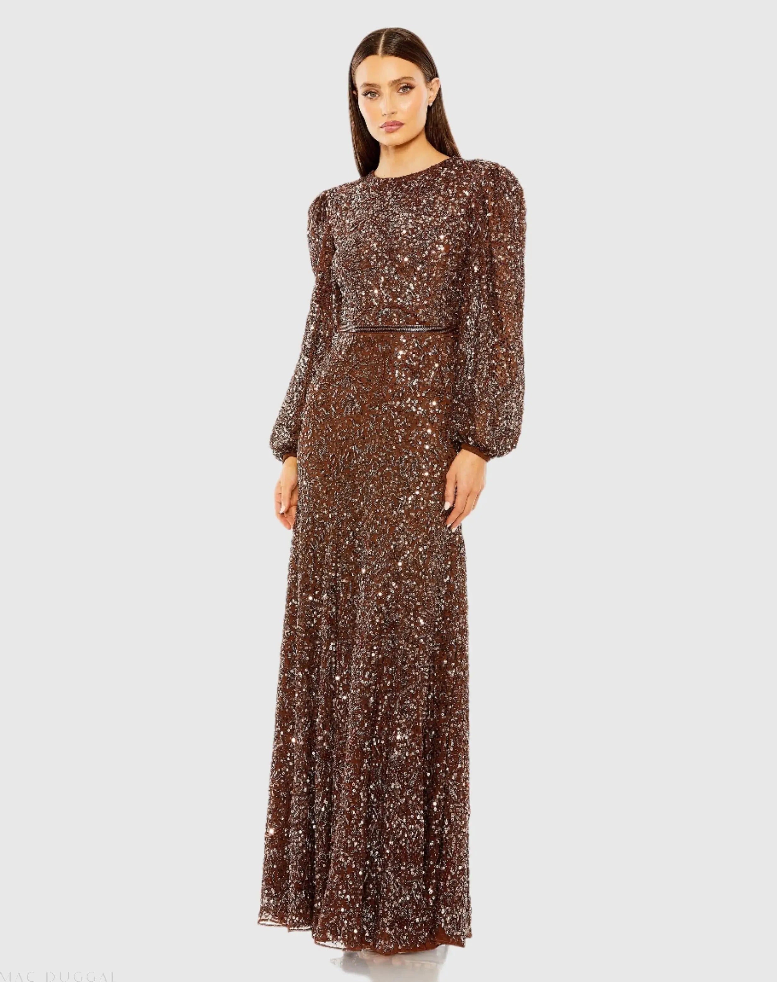 Sheer Long Sleeve Beaded Gown-Myartka