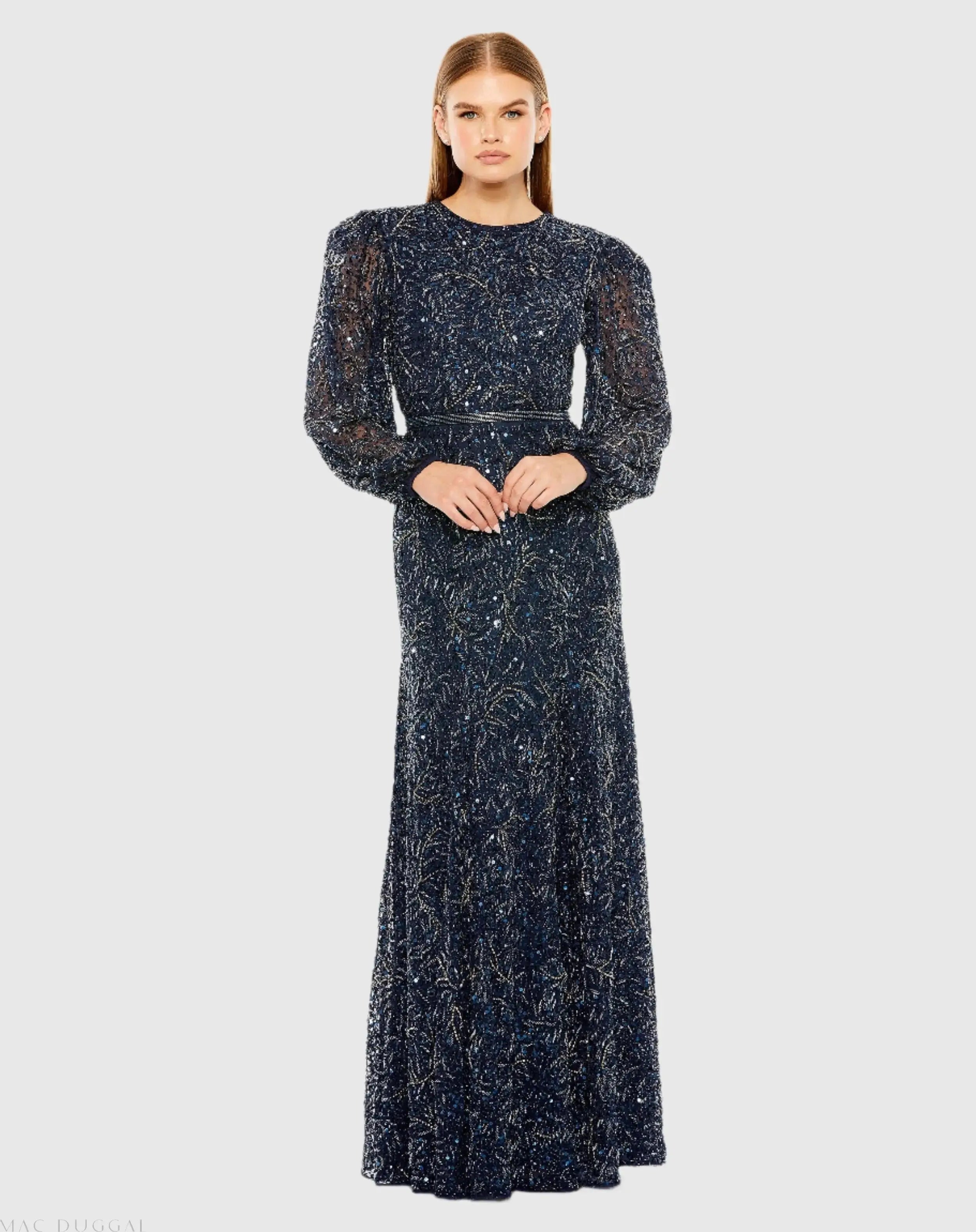 Sheer Long Sleeve Beaded Gown-Myartka
