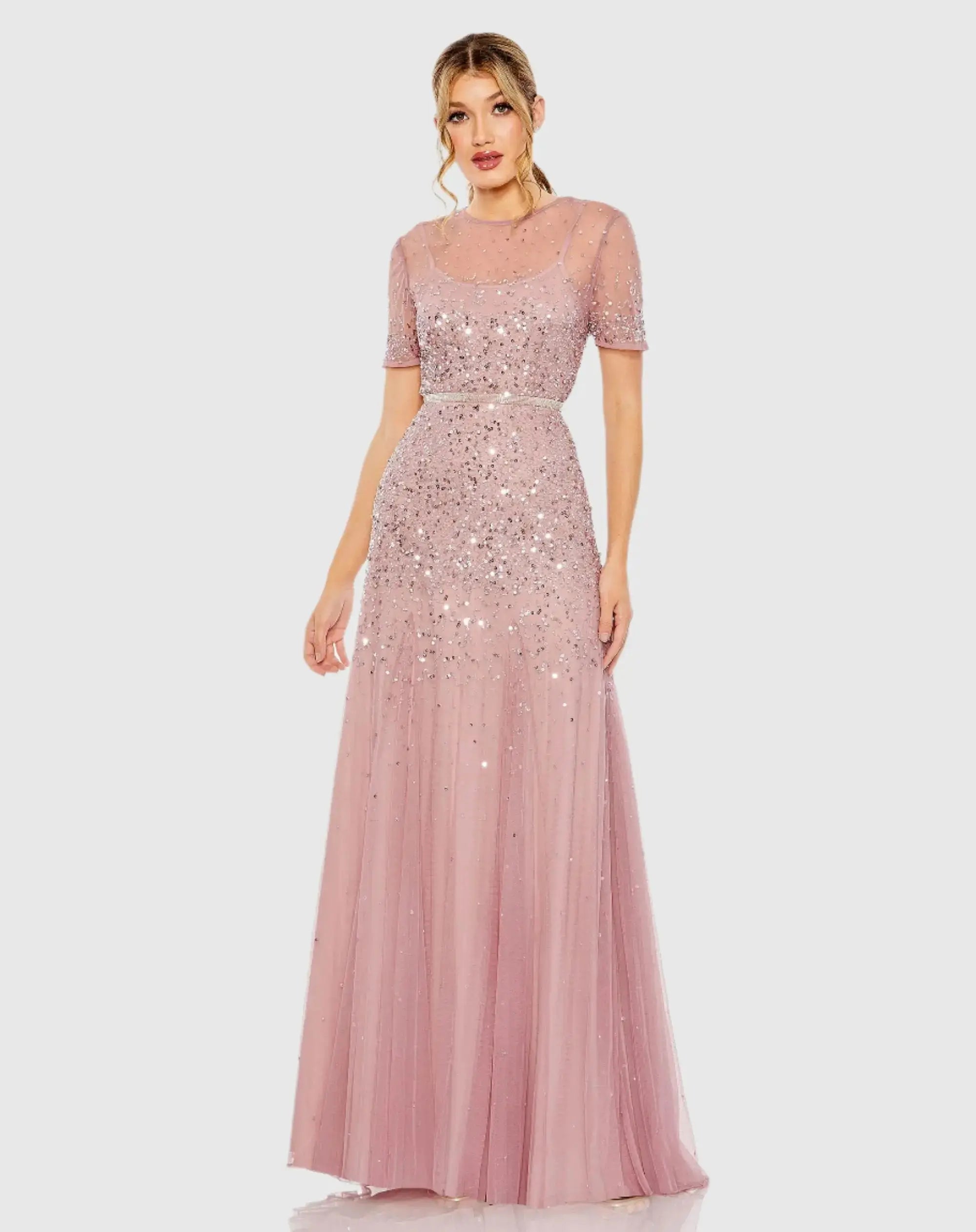 Pink High Neck Short Sleeve Sequin Embellished Gown-Myartka