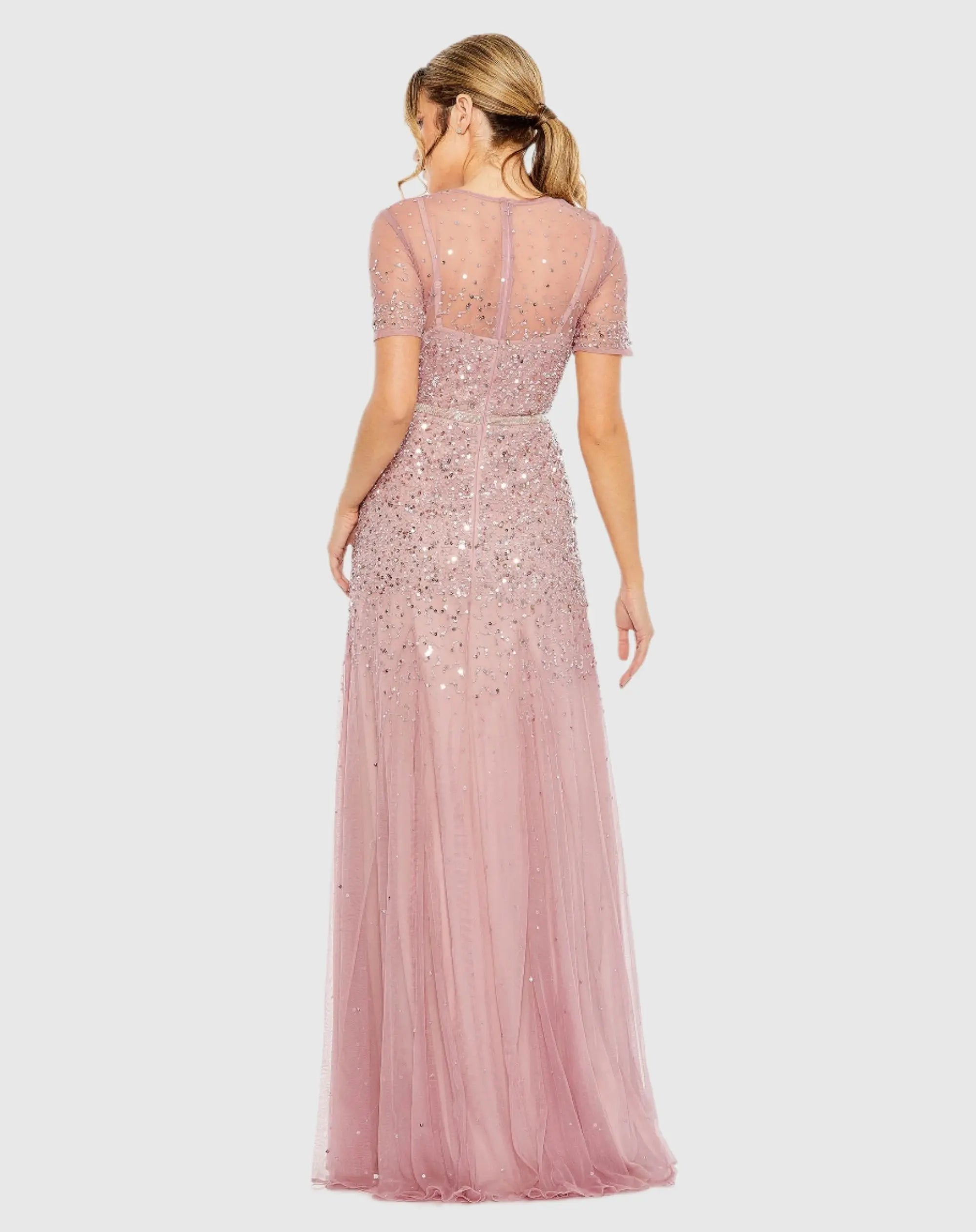 Pink High Neck Short Sleeve Sequin Embellished Gown-Myartka