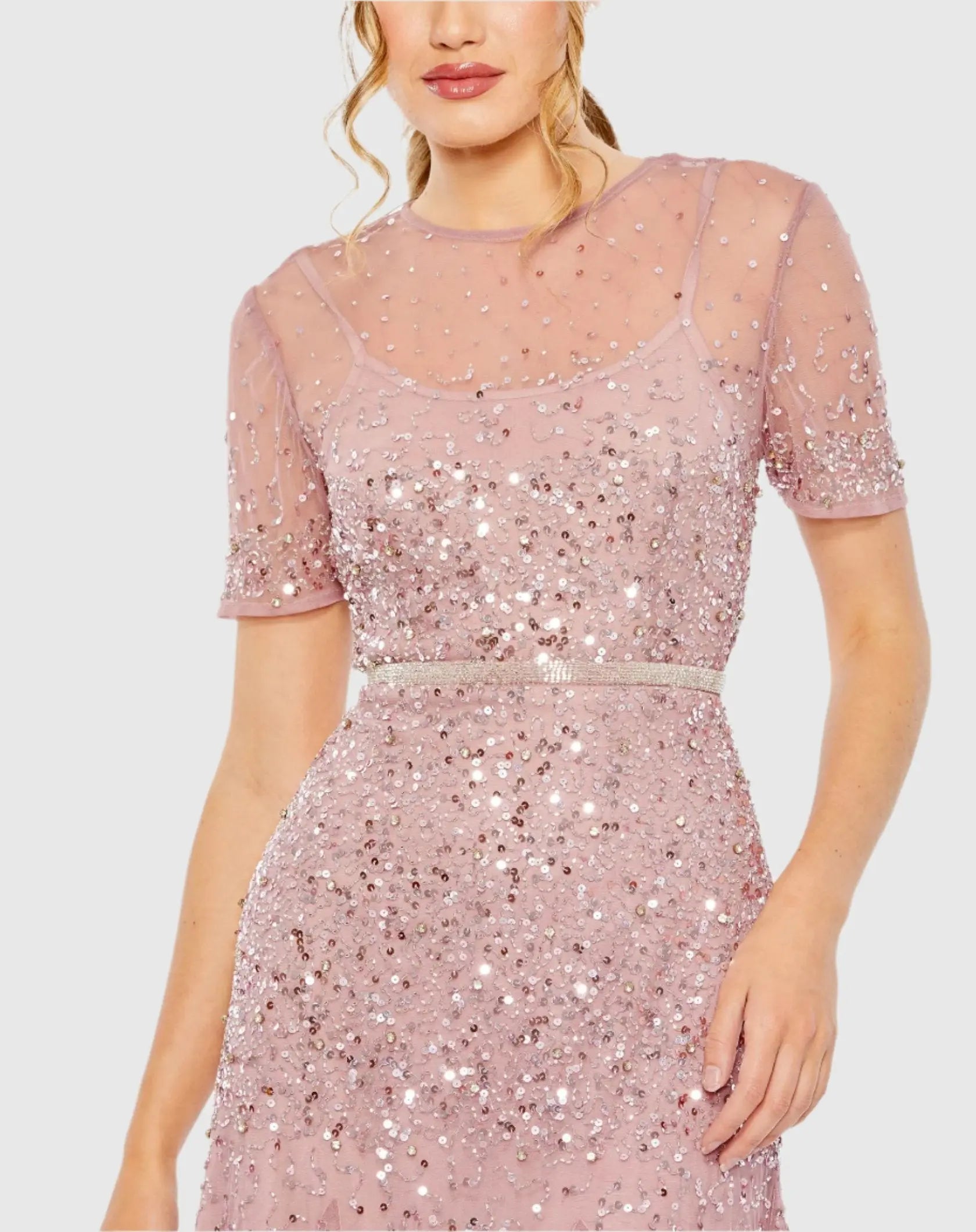 Pink High Neck Short Sleeve Sequin Embellished Gown-Myartka
