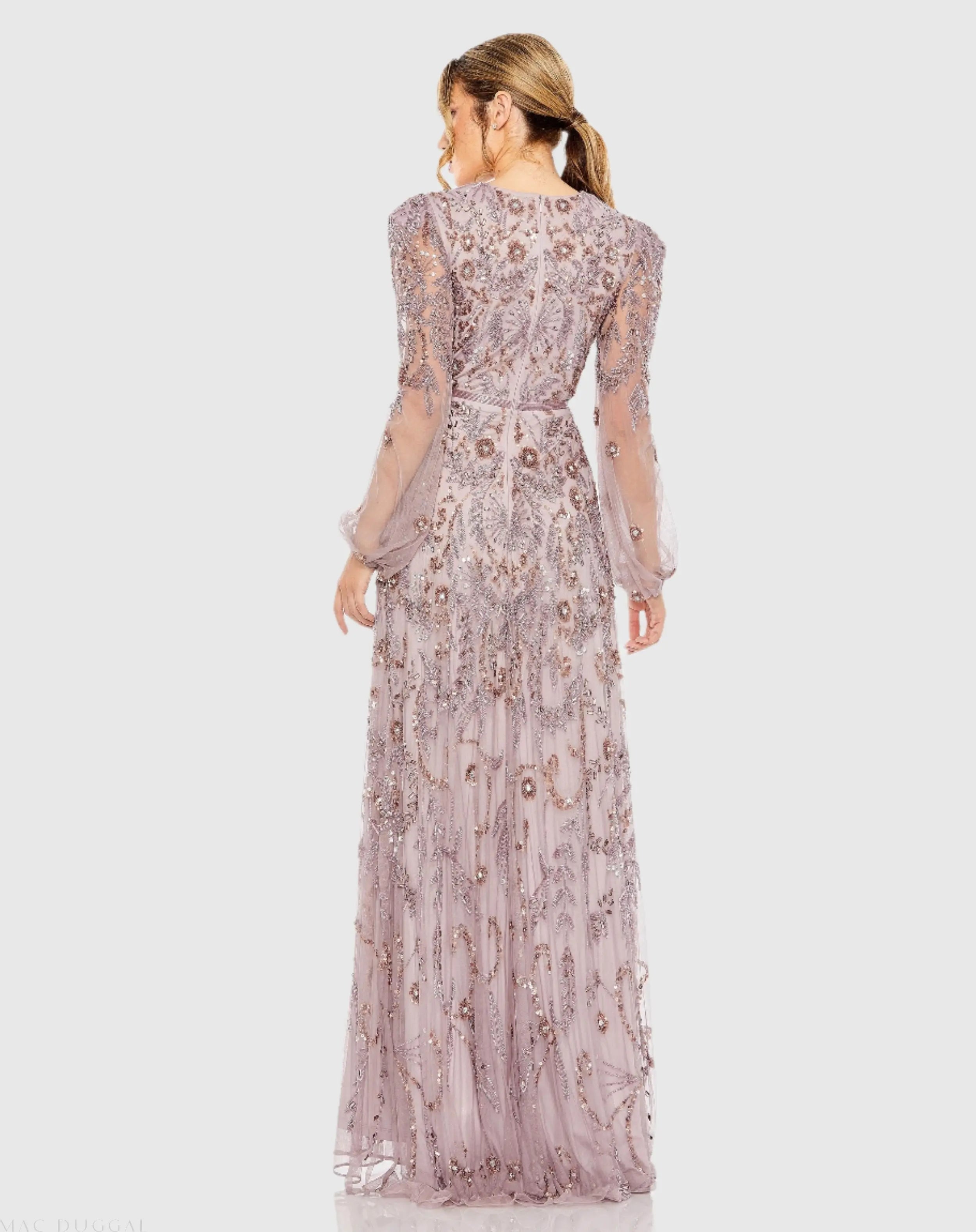 Purple Puff Sleeve Embellished A Line Gown-Myartka