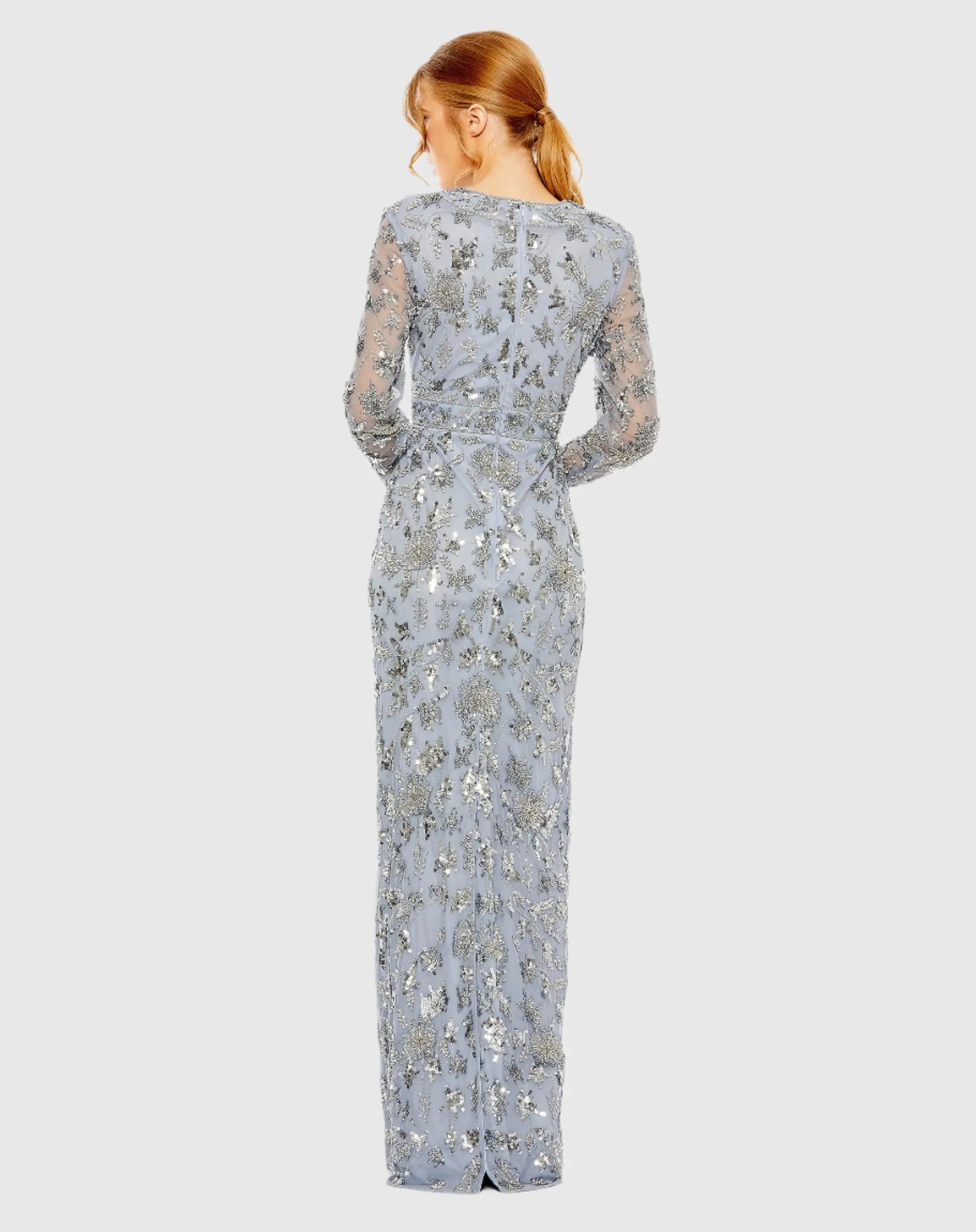 Blue High Neck Long Sleeve Embellished Column Gown-Myartka
