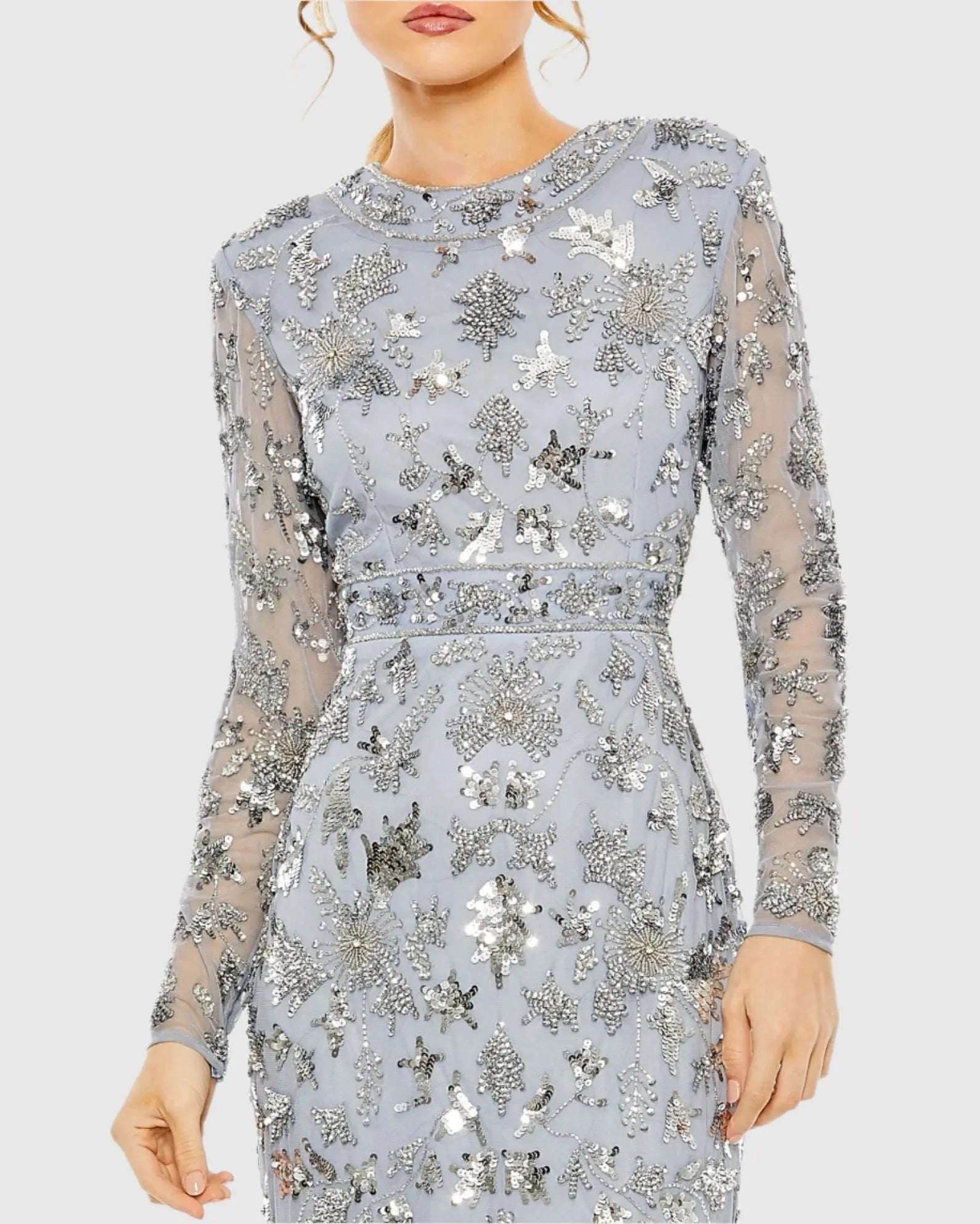 Blue High Neck Long Sleeve Embellished Column Gown-Myartka