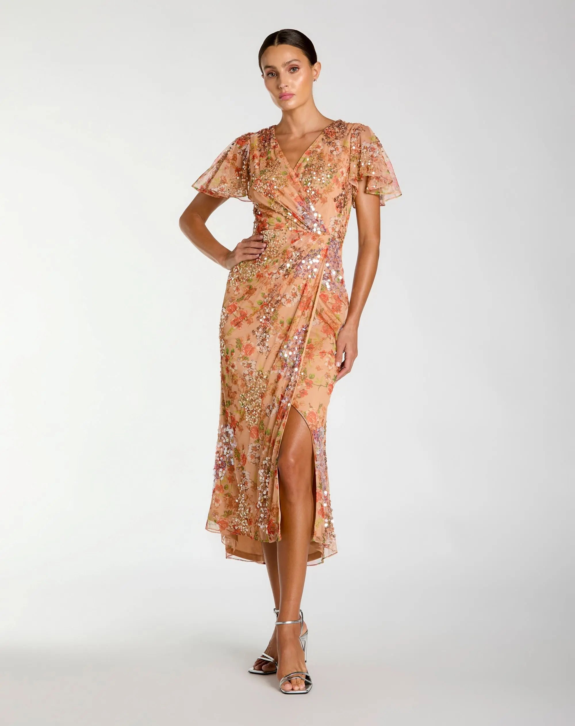 Orange Embellished Floral Flutter Sleeve Midi Dress-Myartka