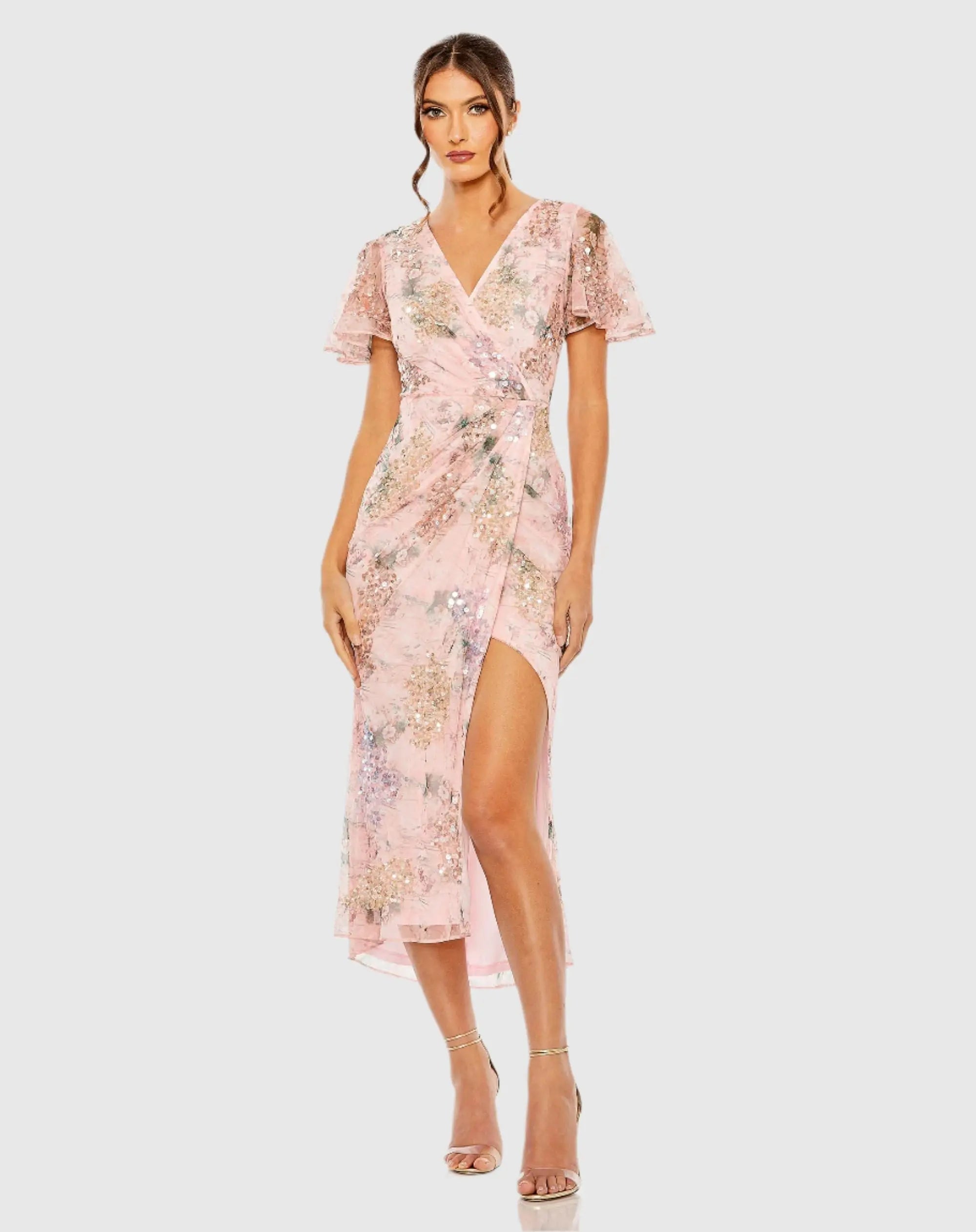 Pink Embellished Floral Flutter Sleeve Midi Dress-Myartka