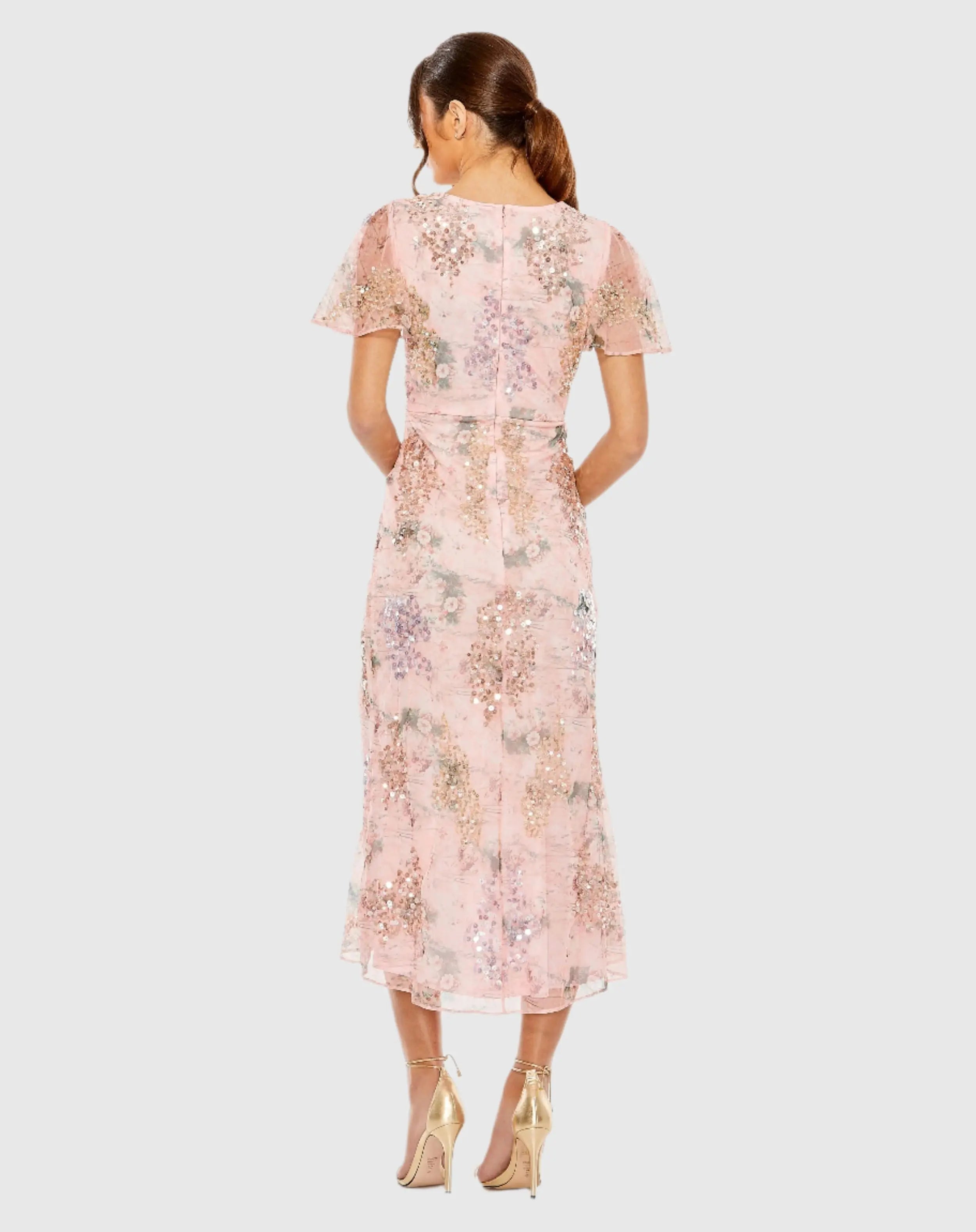 Pink Embellished Floral Flutter Sleeve Midi Dress-Myartka