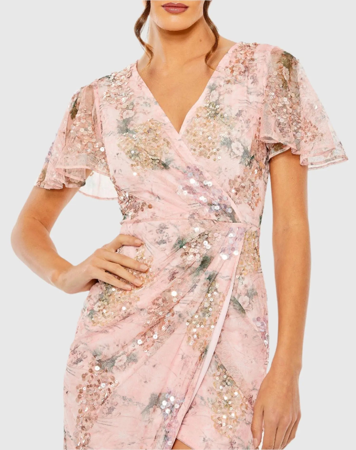 Pink Embellished Floral Flutter Sleeve Midi Dress-Myartka