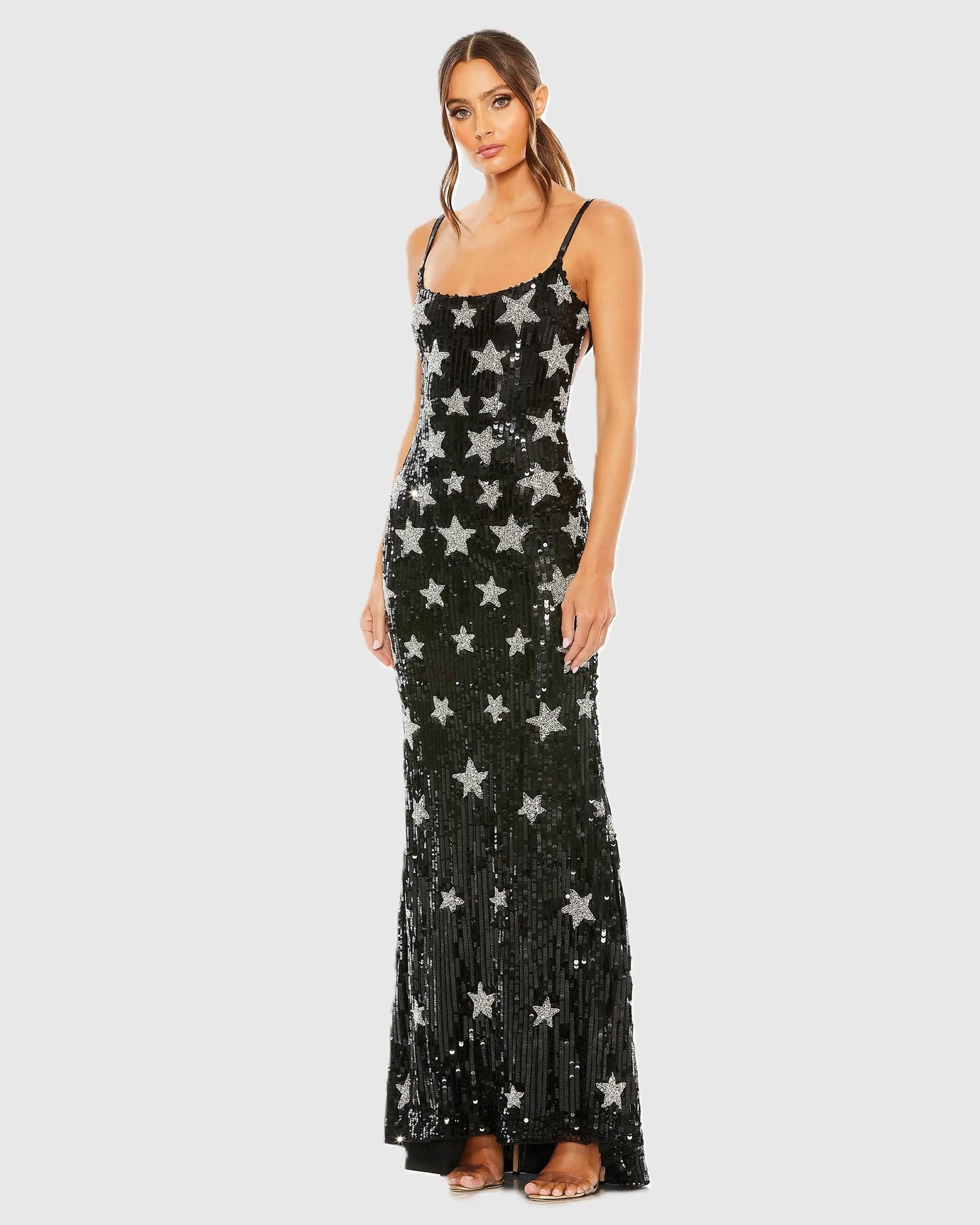 Black Star Embellished Sleeveless Sequin Gown-Myartka