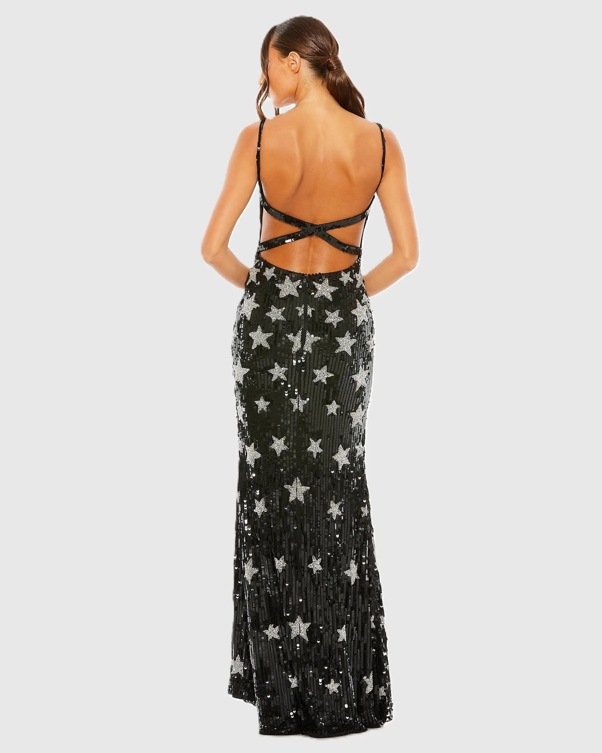 Black Star Embellished Sleeveless Sequin Gown-Myartka
