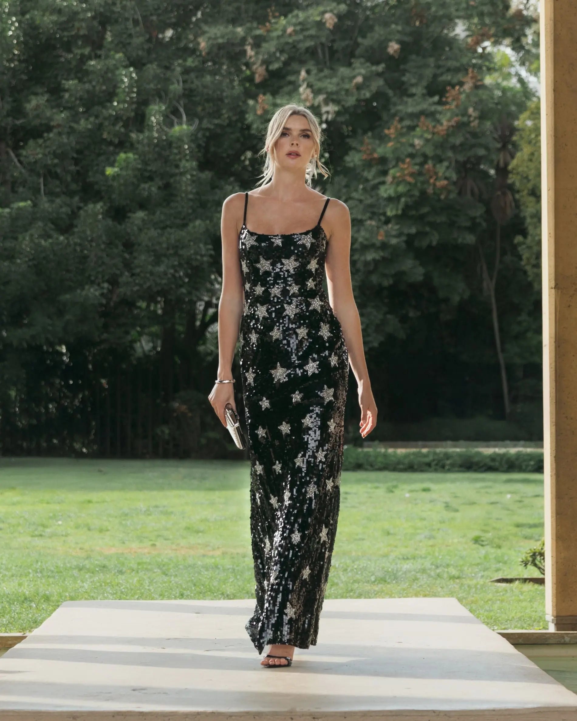 Black Star Embellished Sleeveless Sequin Gown-Myartka