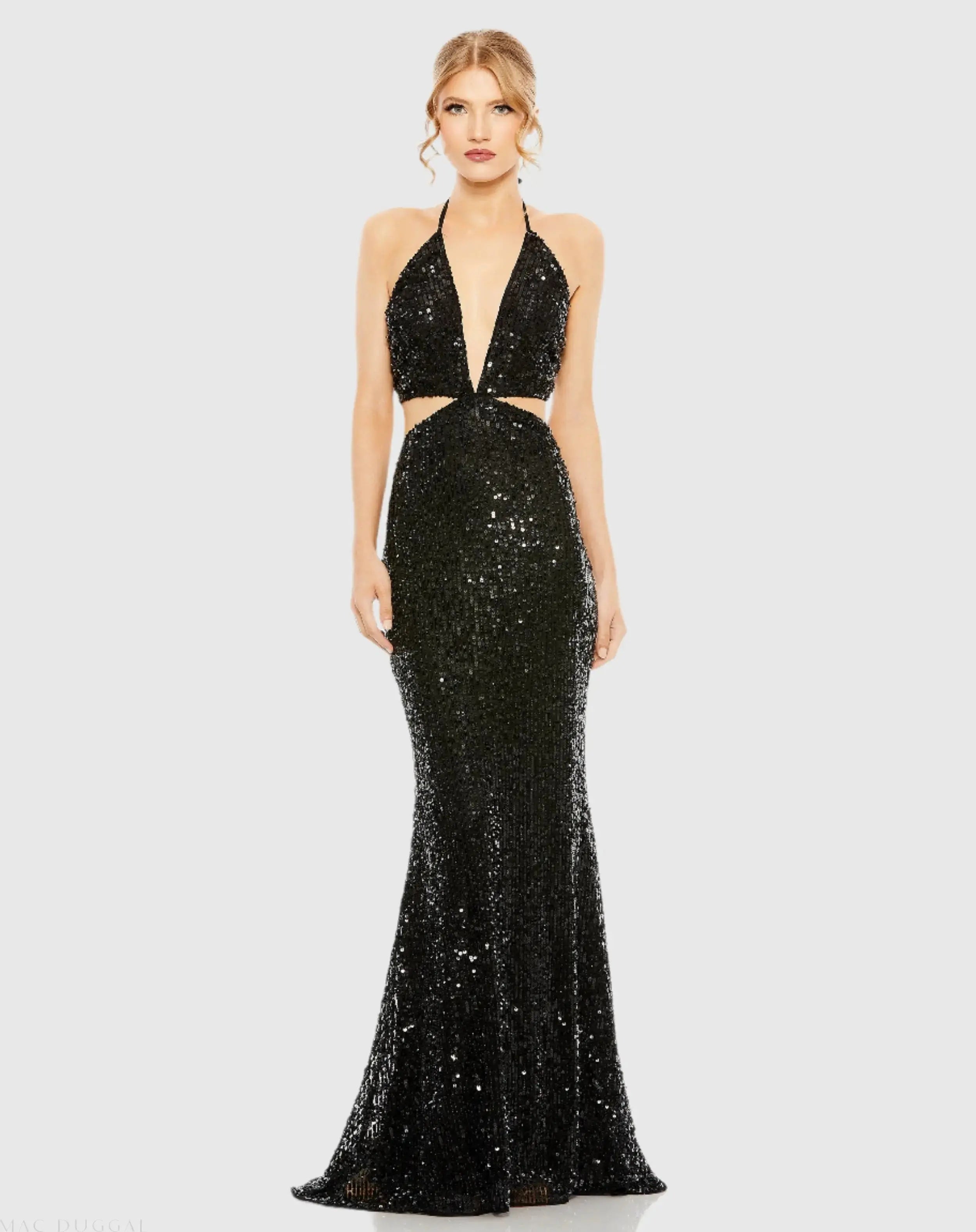 Cut Out Halter Tie Back Sequin Gown-Myartka