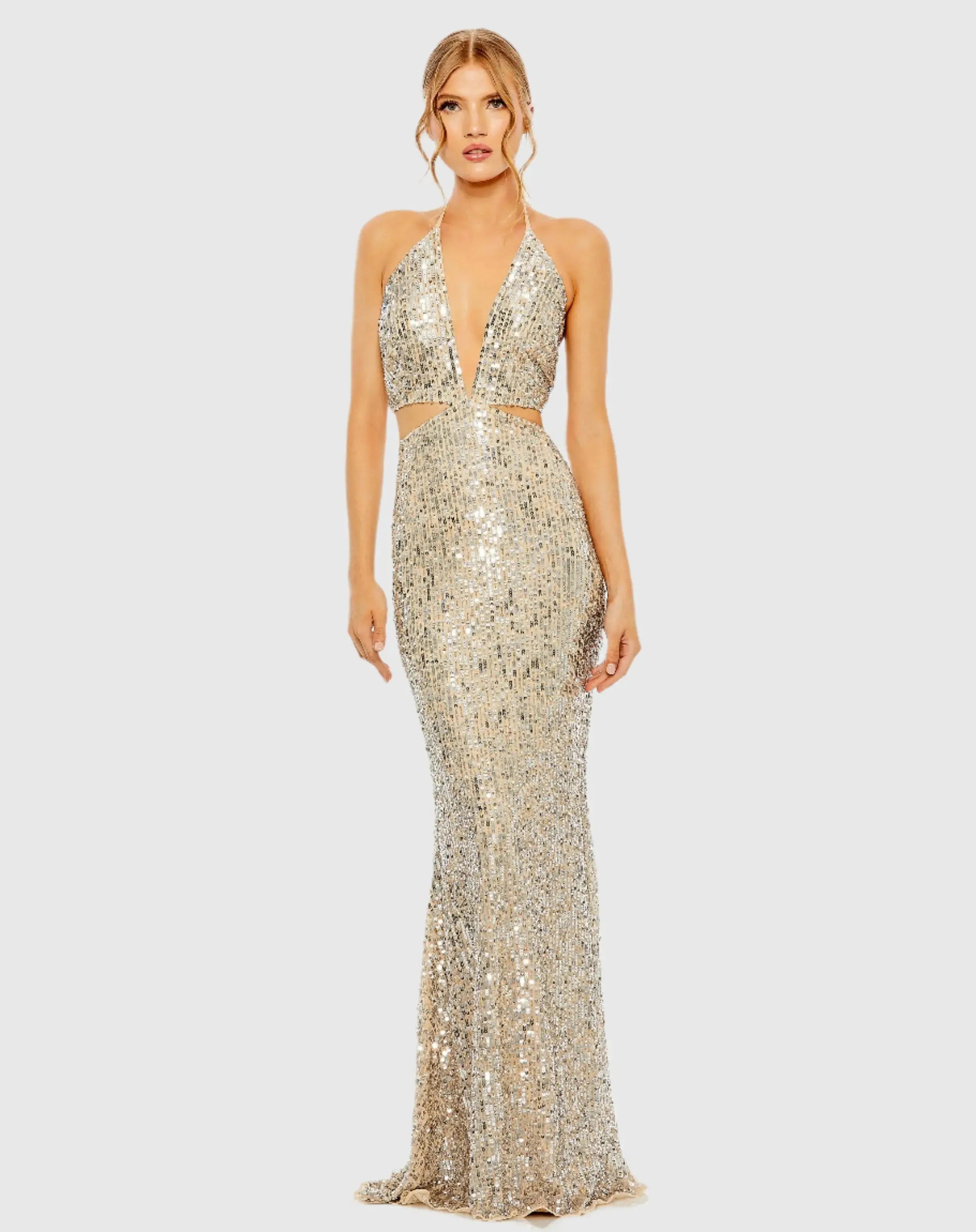 Cut Out Halter Tie Back Sequin Gown-Myartka
