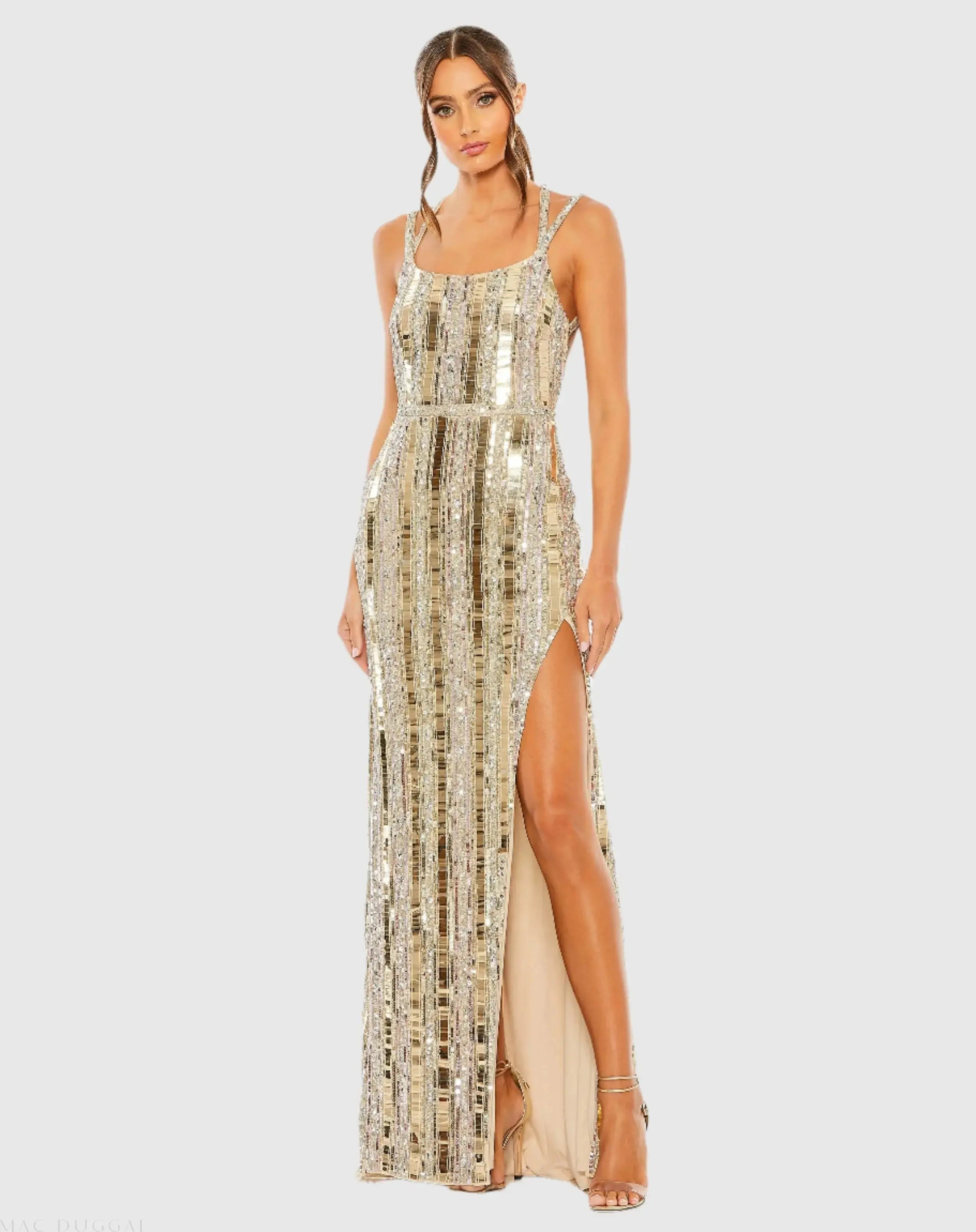 Gold and Silver Halter Neck Embellished Detailed Back Gown-Myartka