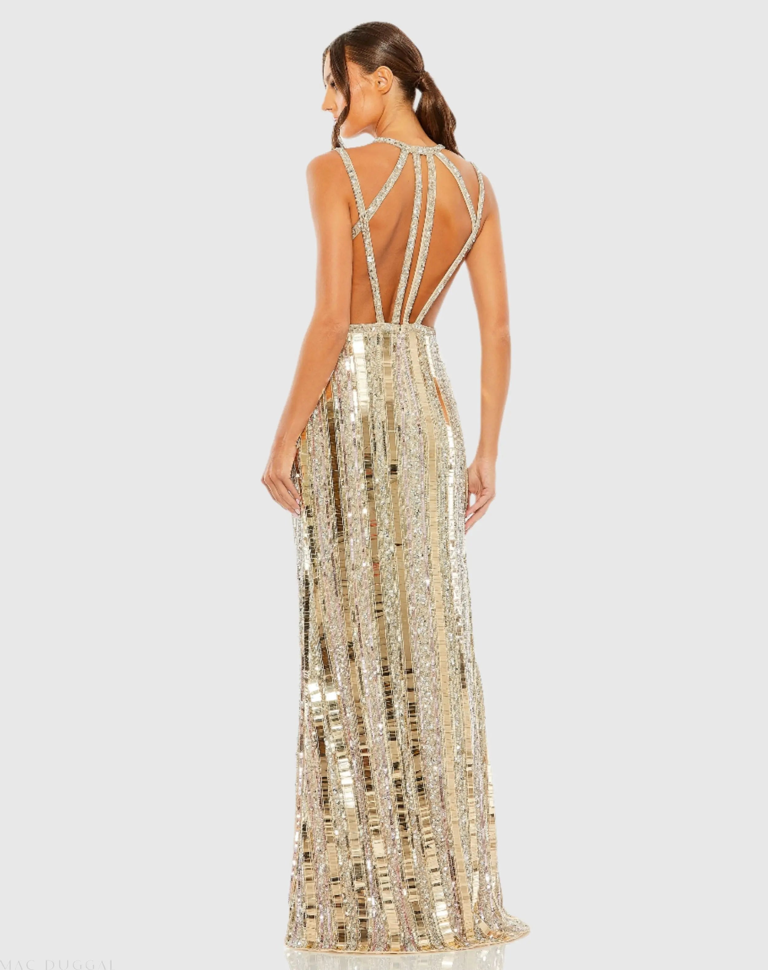 Gold and Silver Halter Neck Embellished Detailed Back Gown-Myartka