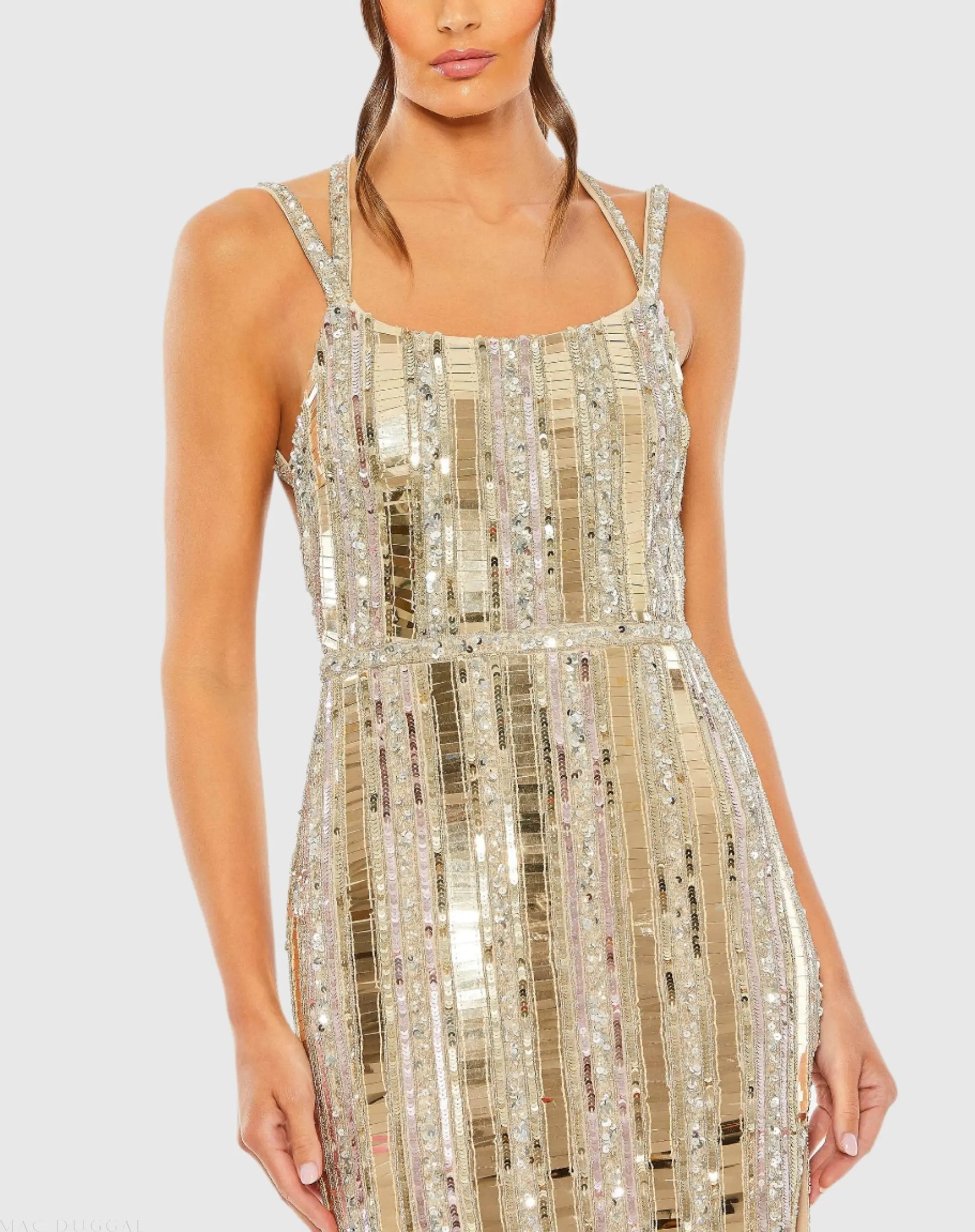 Gold and Silver Halter Neck Embellished Detailed Back Gown-Myartka