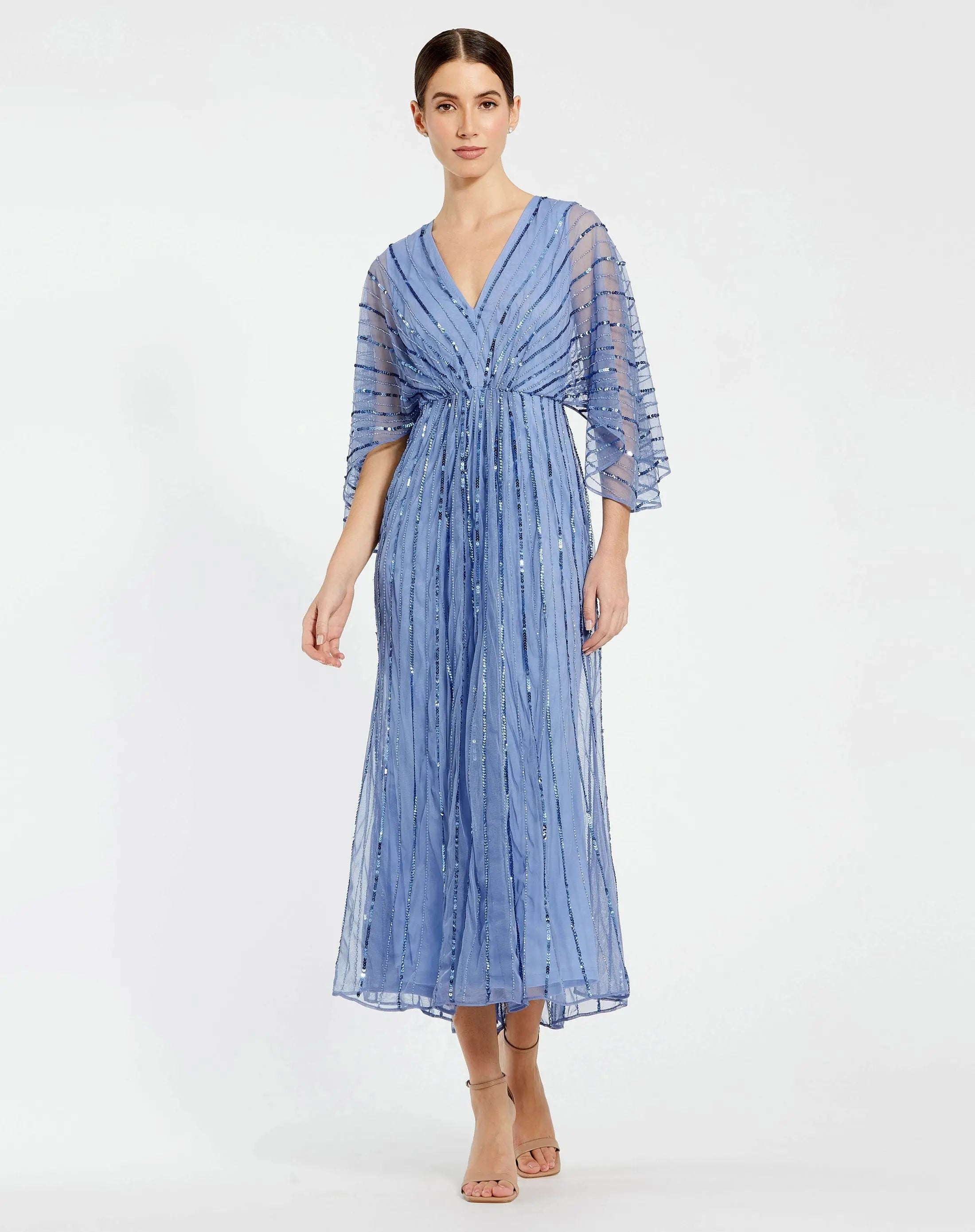 Blue Beaded Kimono V-Neck Empire Midi Dress-Myartka