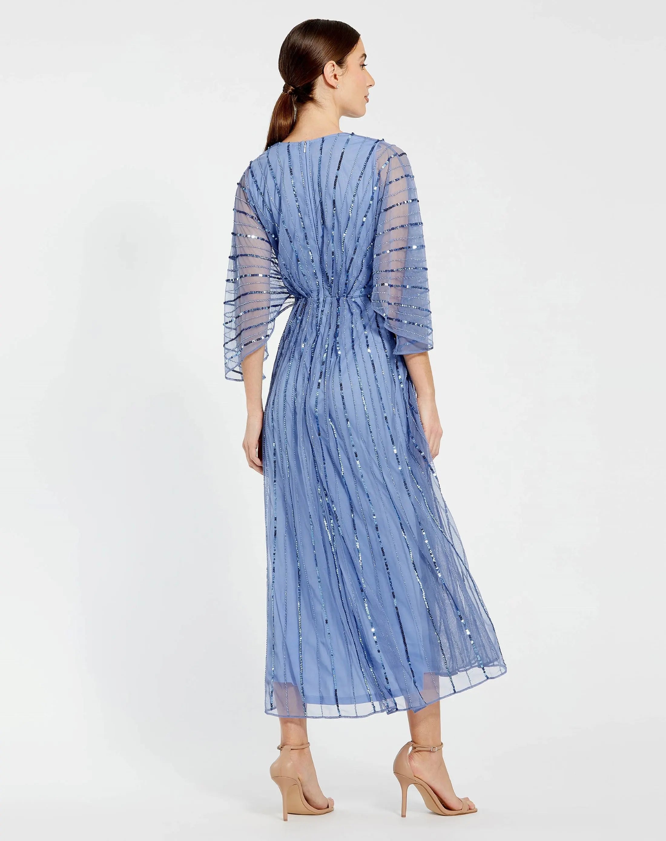 Blue Beaded Kimono V-Neck Empire Midi Dress-Myartka