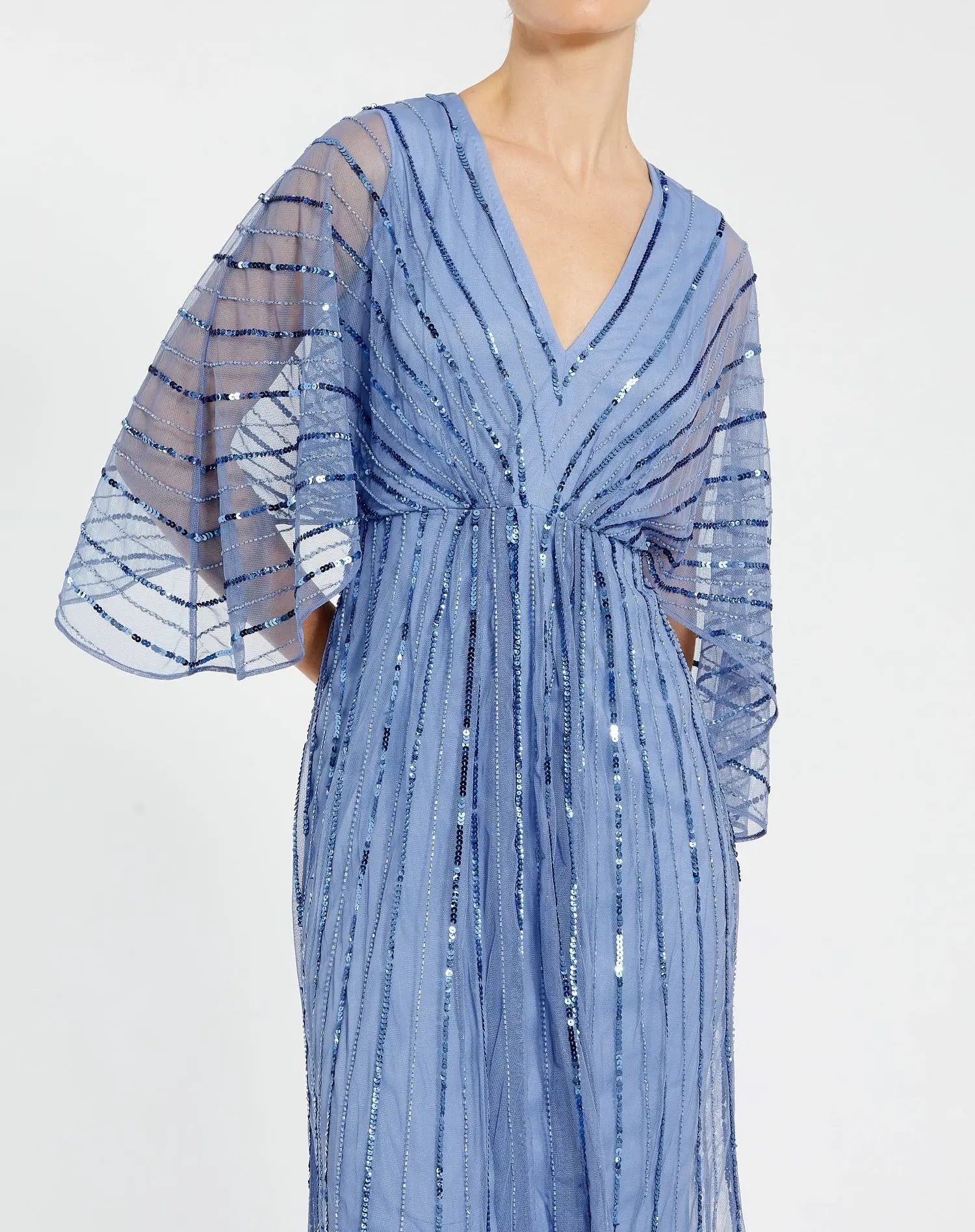 Blue Beaded Kimono V-Neck Empire Midi Dress-Myartka