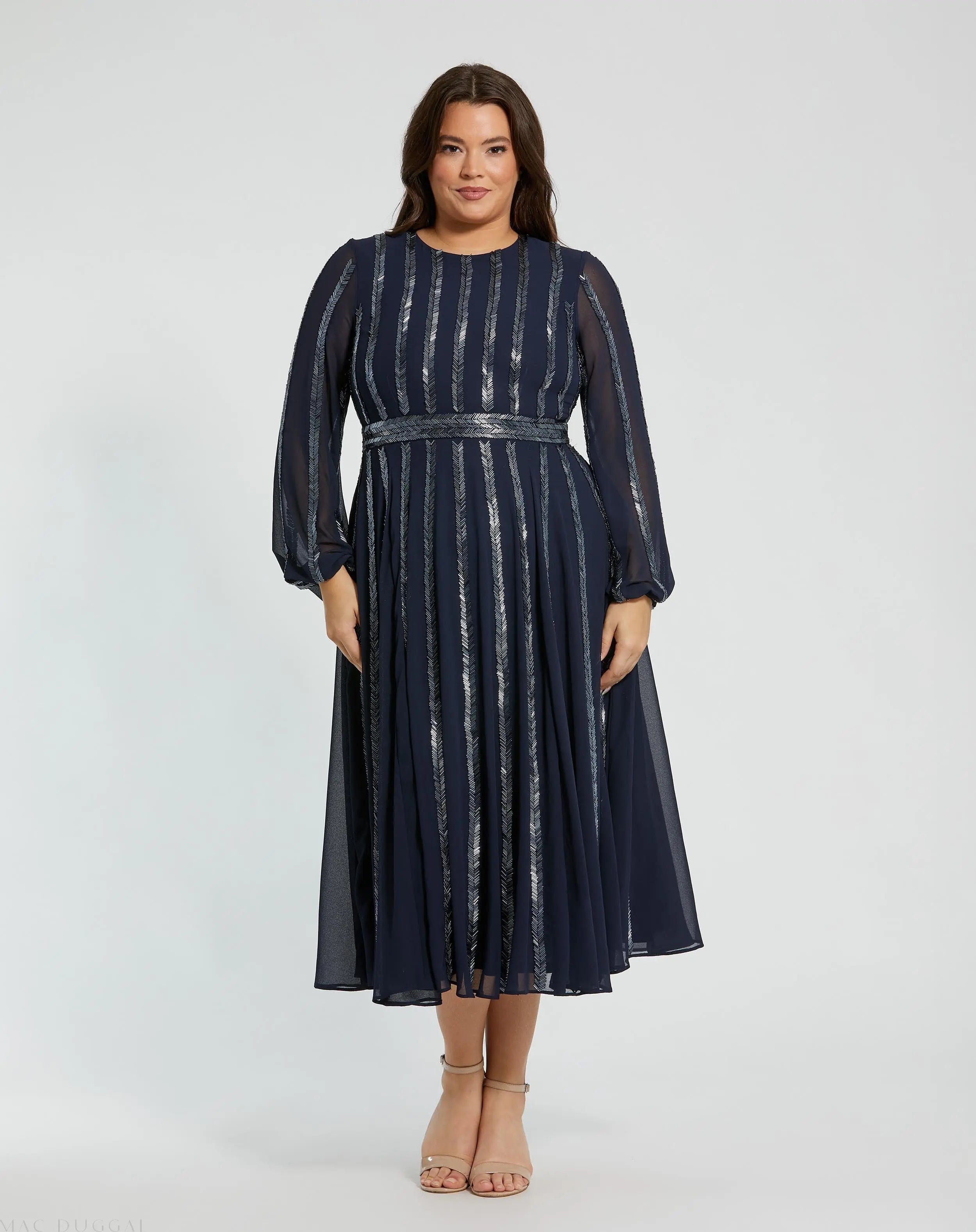 Navy Long Sheer Sleeve Sequin Dress (Plus)-Myartka