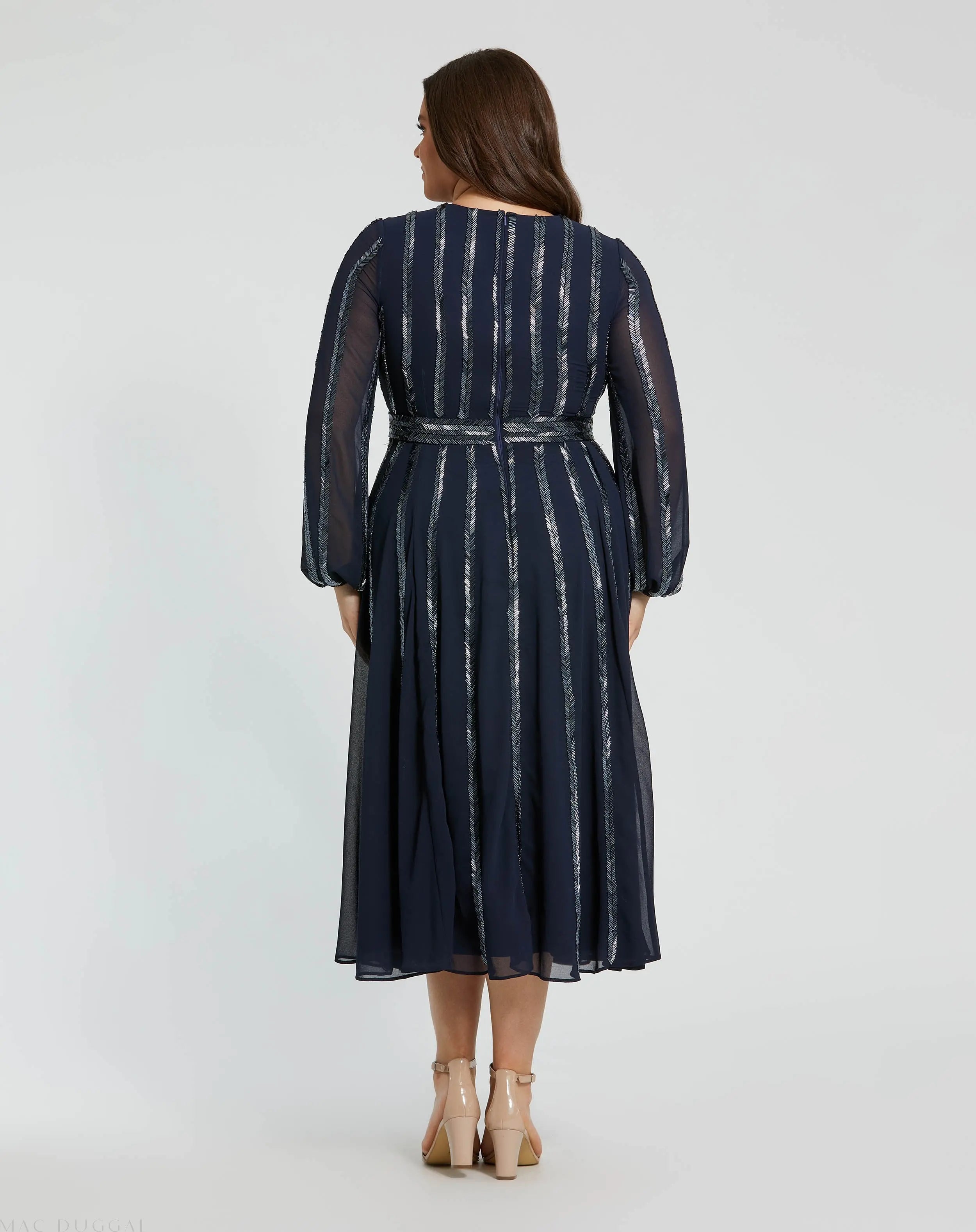 Navy Long Sheer Sleeve Sequin Dress (Plus)-Myartka