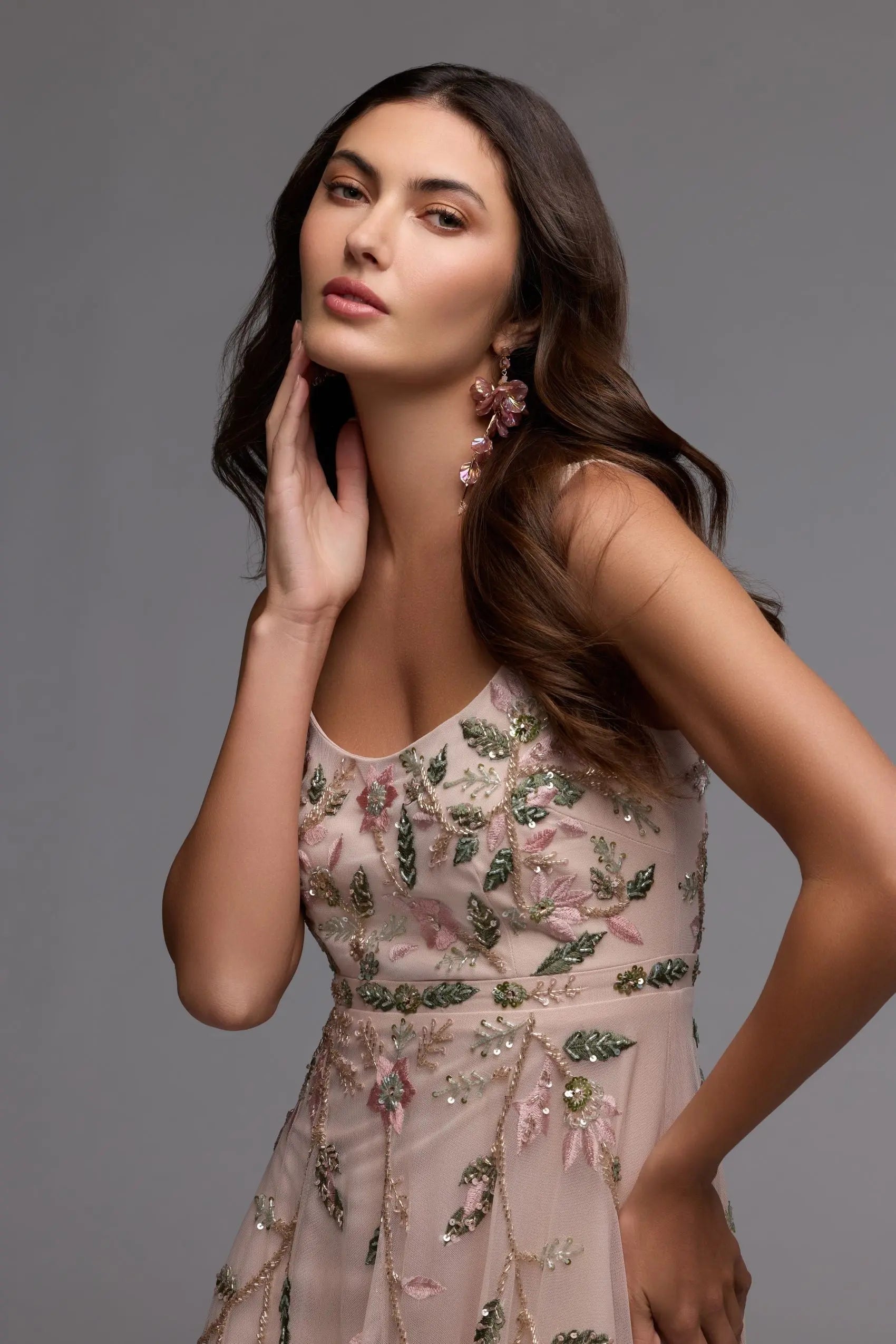 Pink Ruffle Midi Dress with Floral Embroidery-Myartka