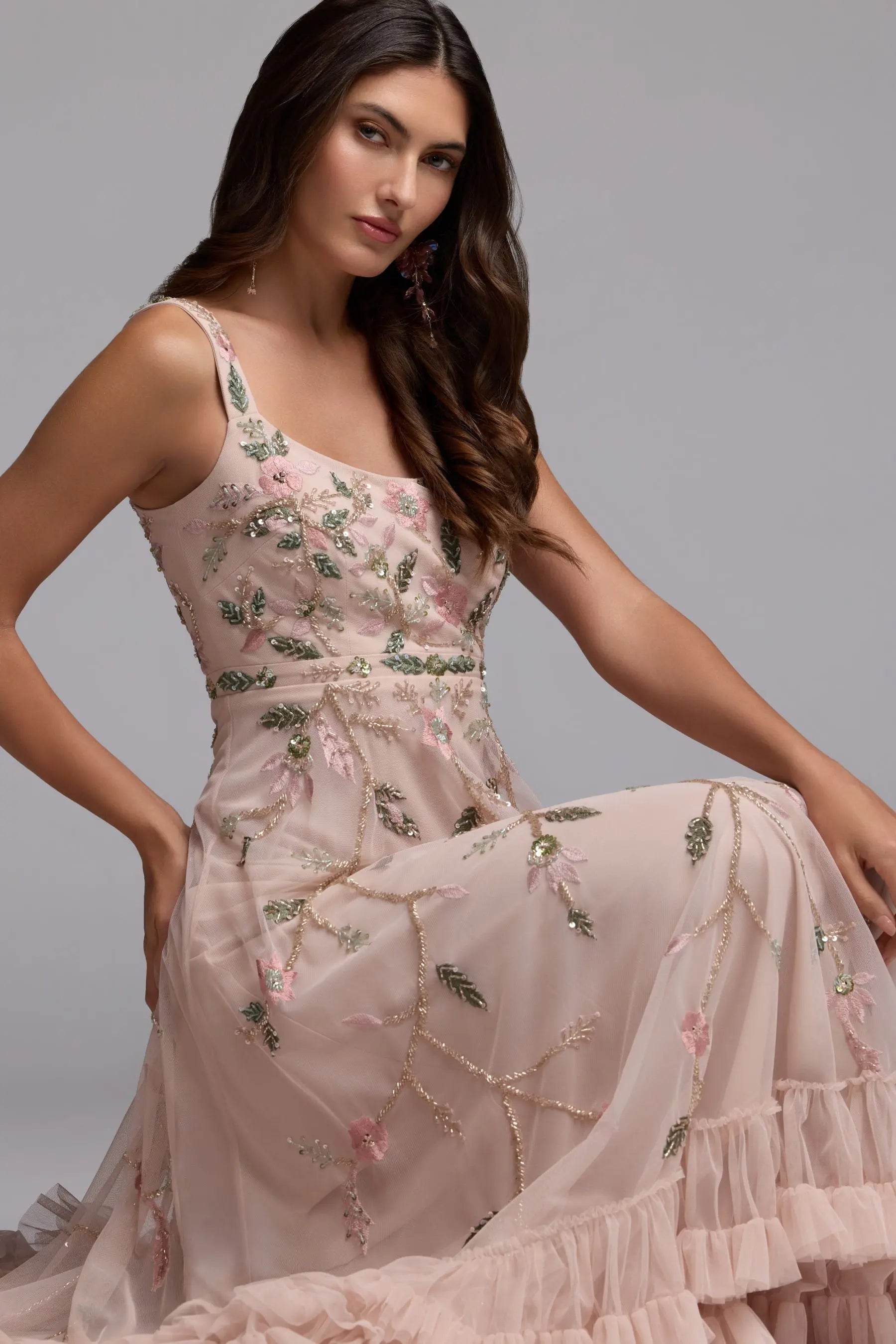 Pink Ruffle Midi Dress with Floral Embroidery-Myartka