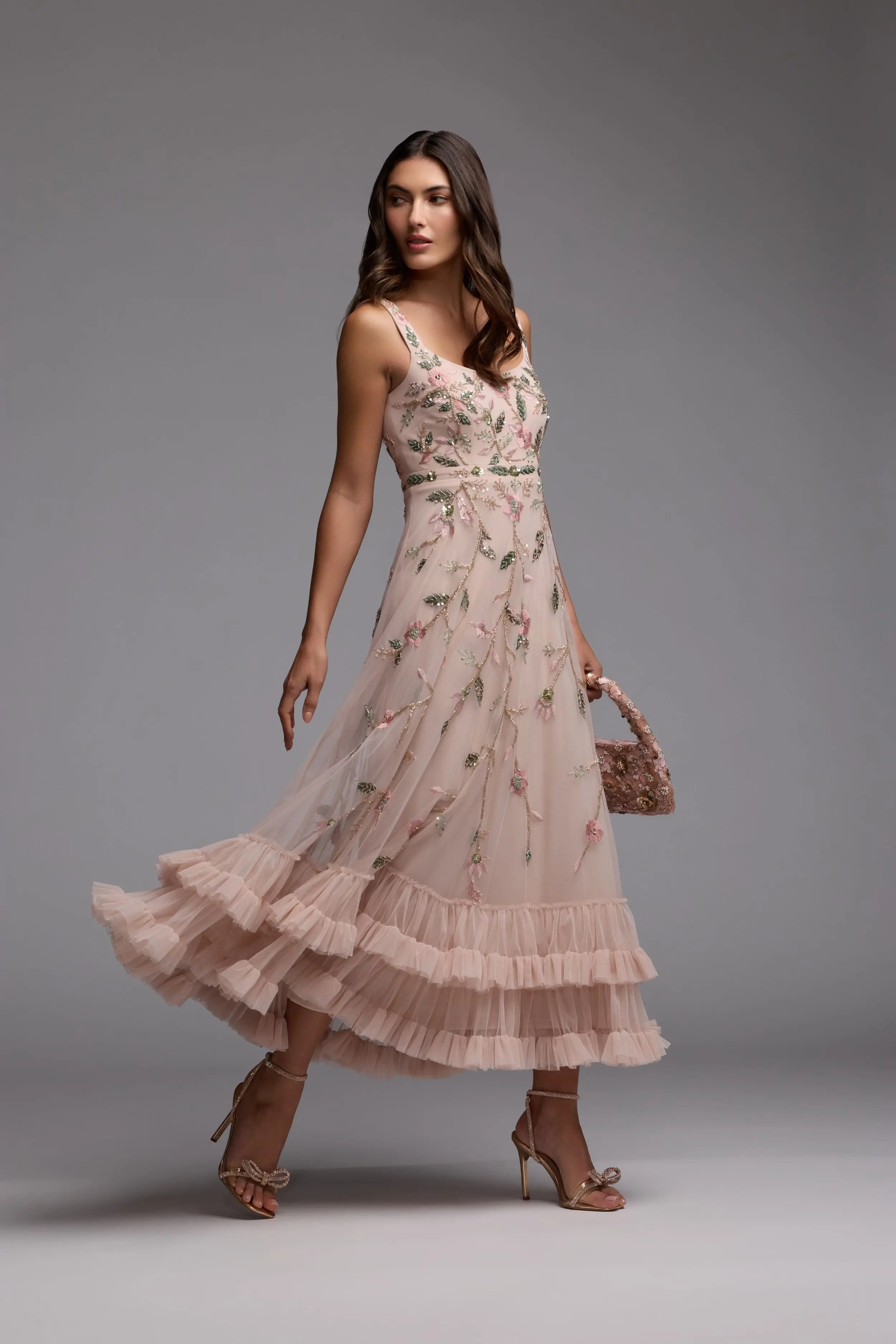 Pink Ruffle Midi Dress with Floral Embroidery-Myartka