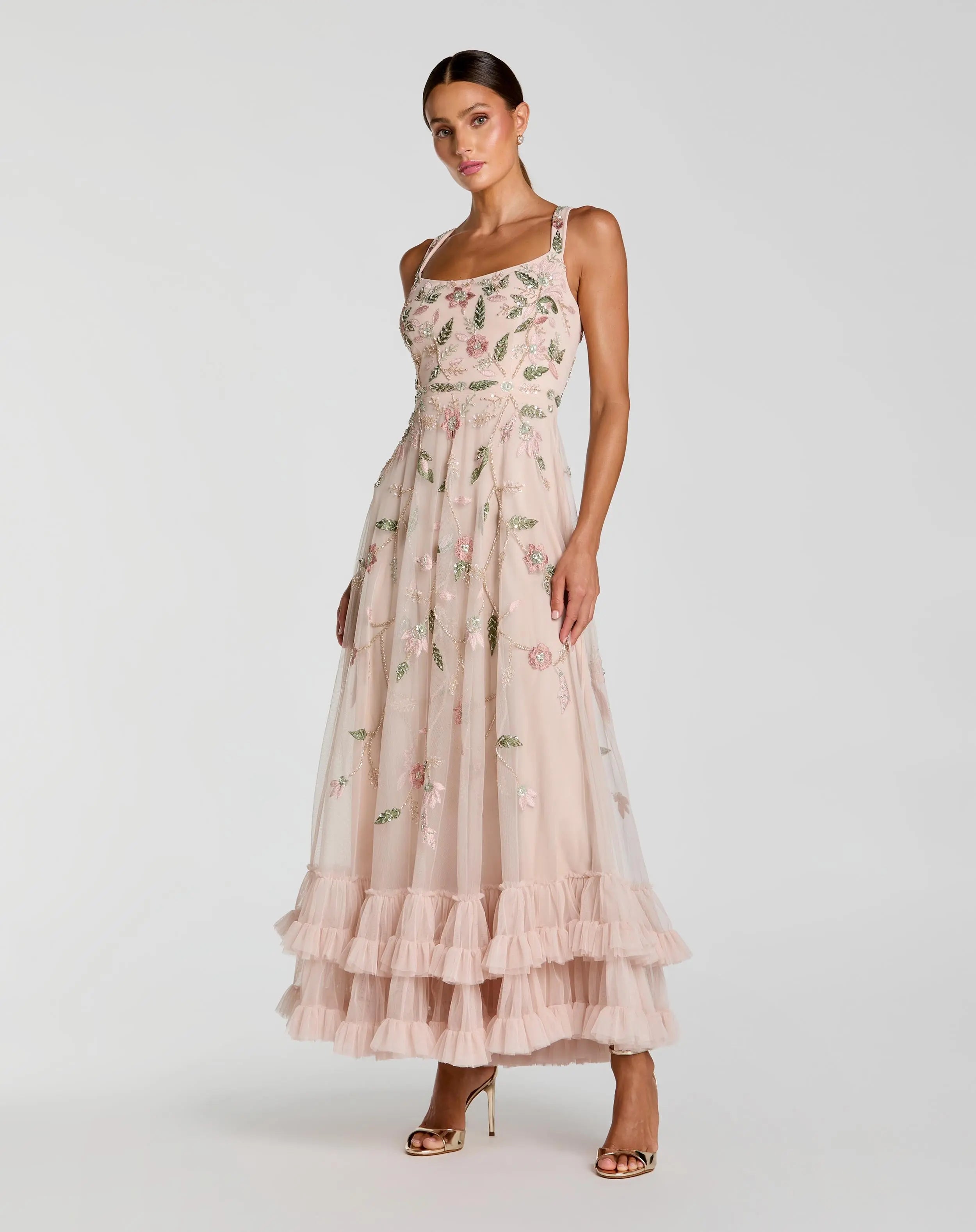 Pink Ruffle Midi Dress with Floral Embroidery-Myartka