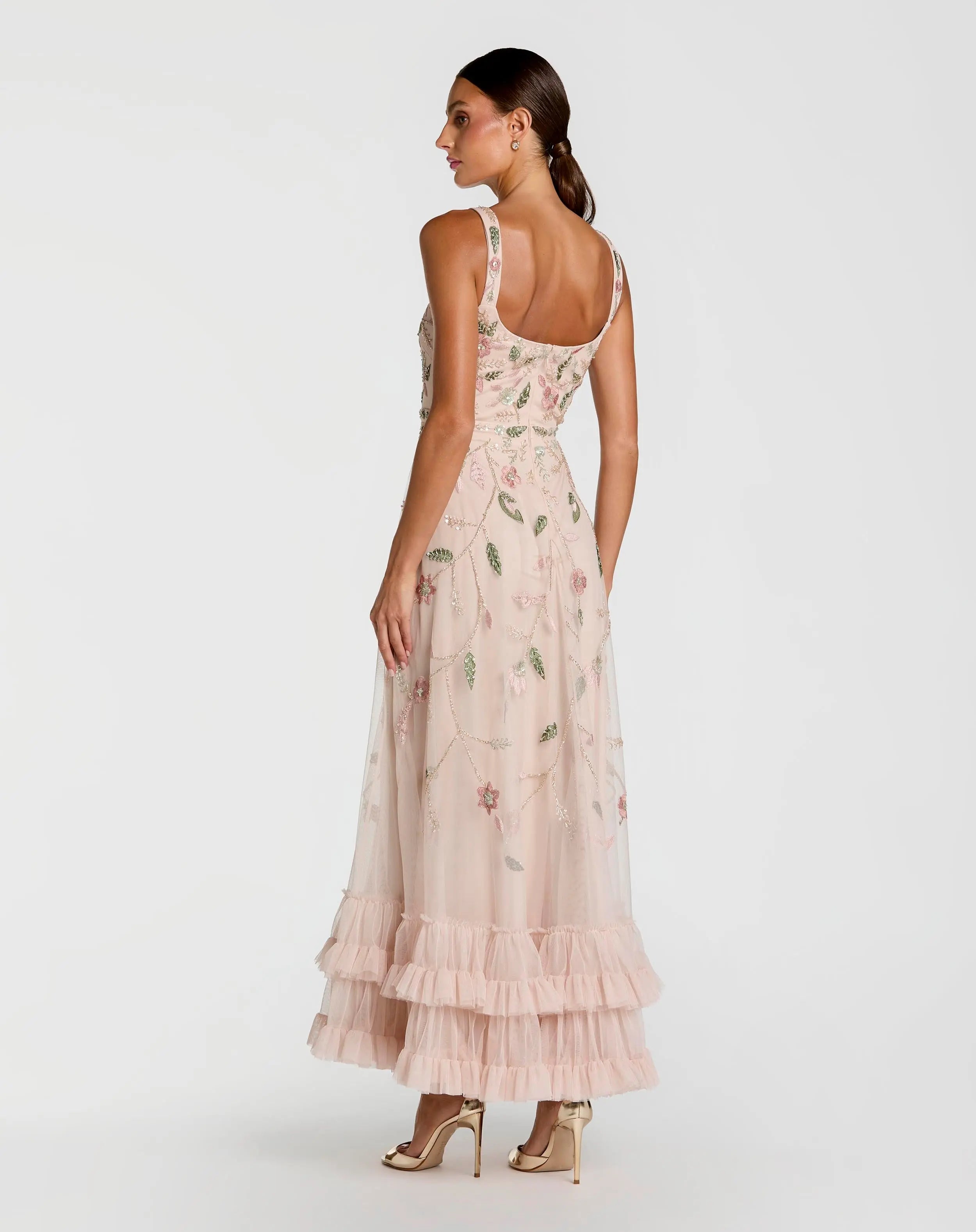 Pink Ruffle Midi Dress with Floral Embroidery-Myartka