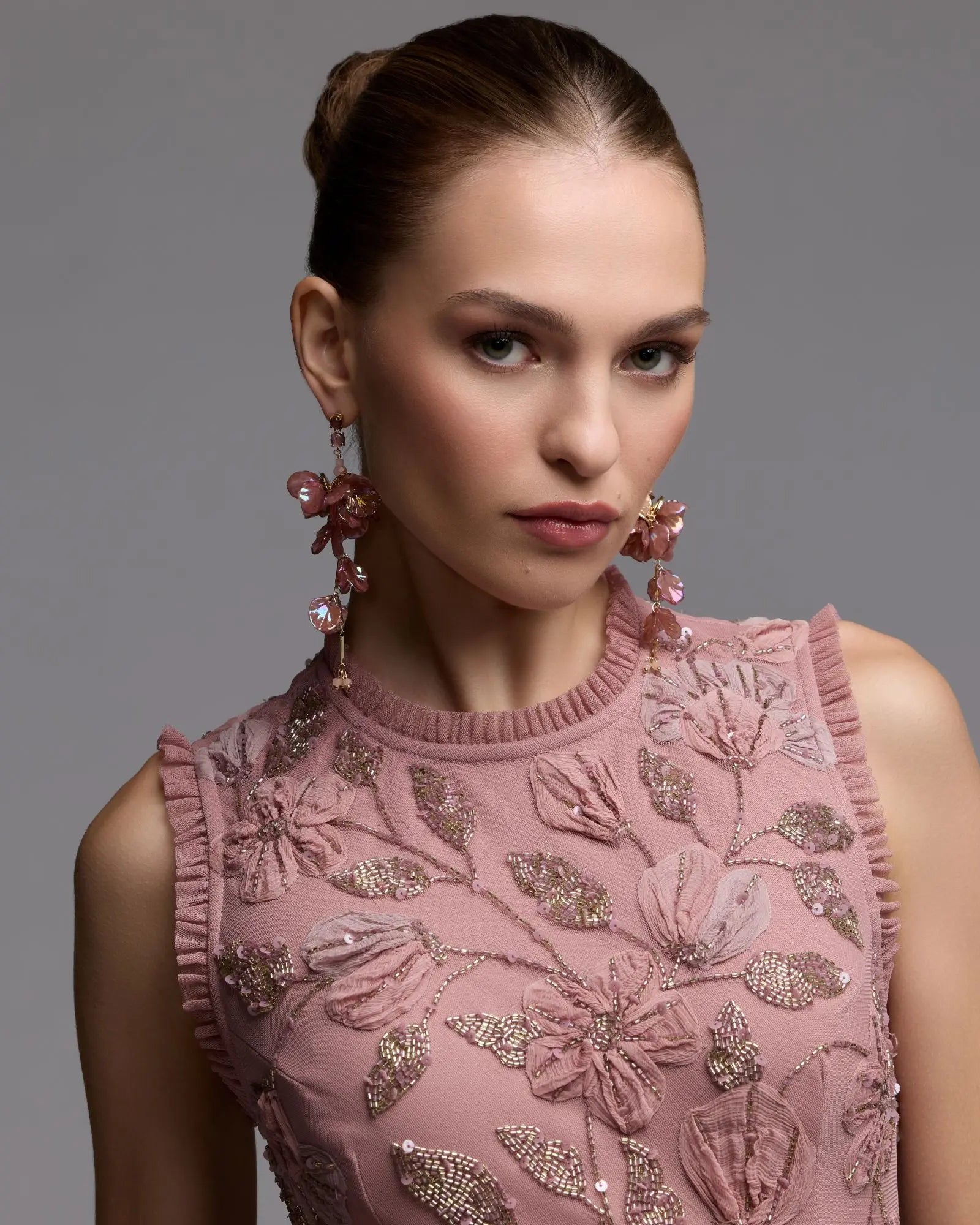 Pink High Neck Sleeveless Beaded Dress With Ruffled Hem-Myartka