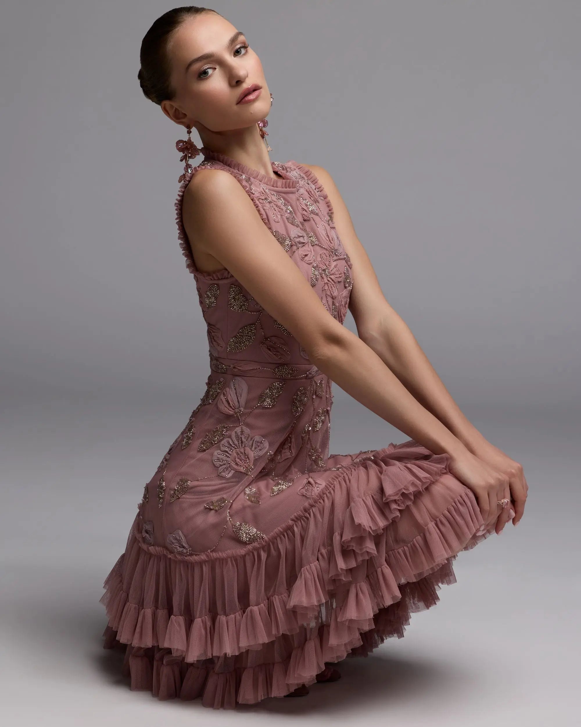 Pink High Neck Sleeveless Beaded Dress With Ruffled Hem-Myartka