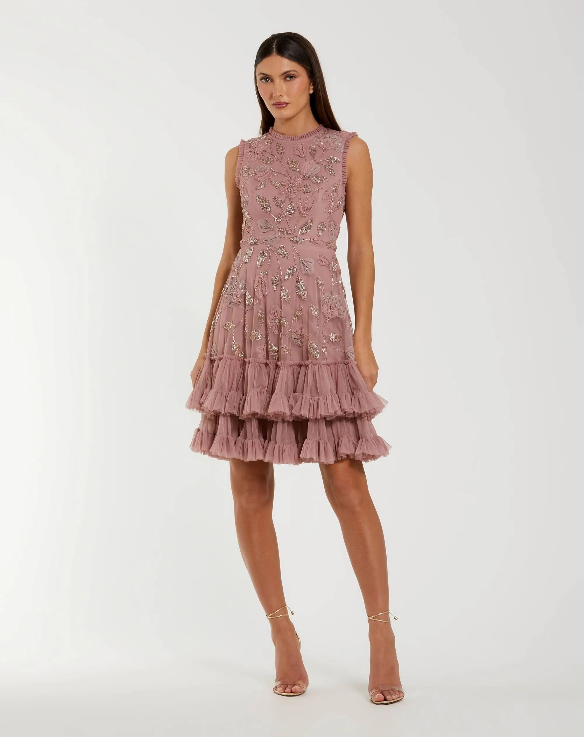 Pink High Neck Sleeveless Beaded Dress With Ruffled Hem-Myartka