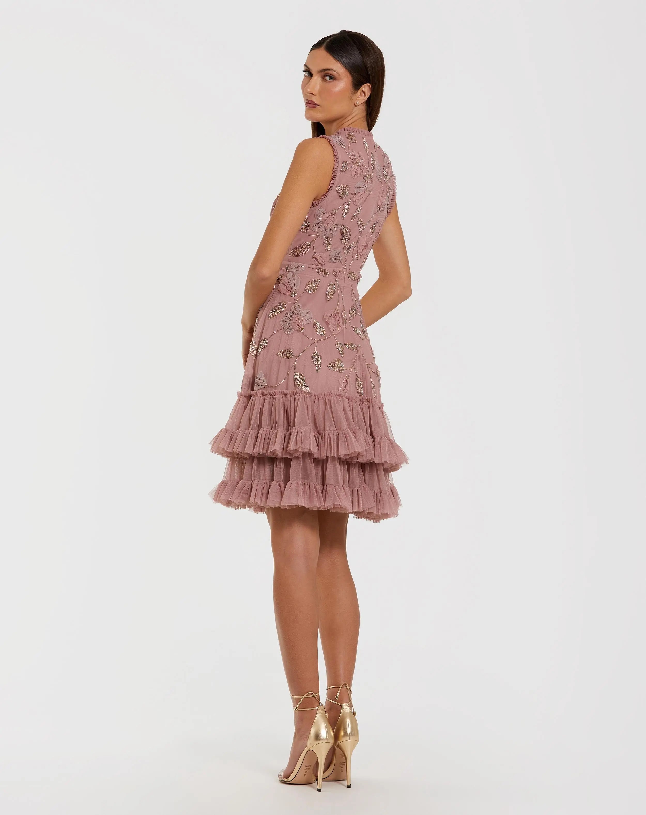 Pink High Neck Sleeveless Beaded Dress With Ruffled Hem-Myartka