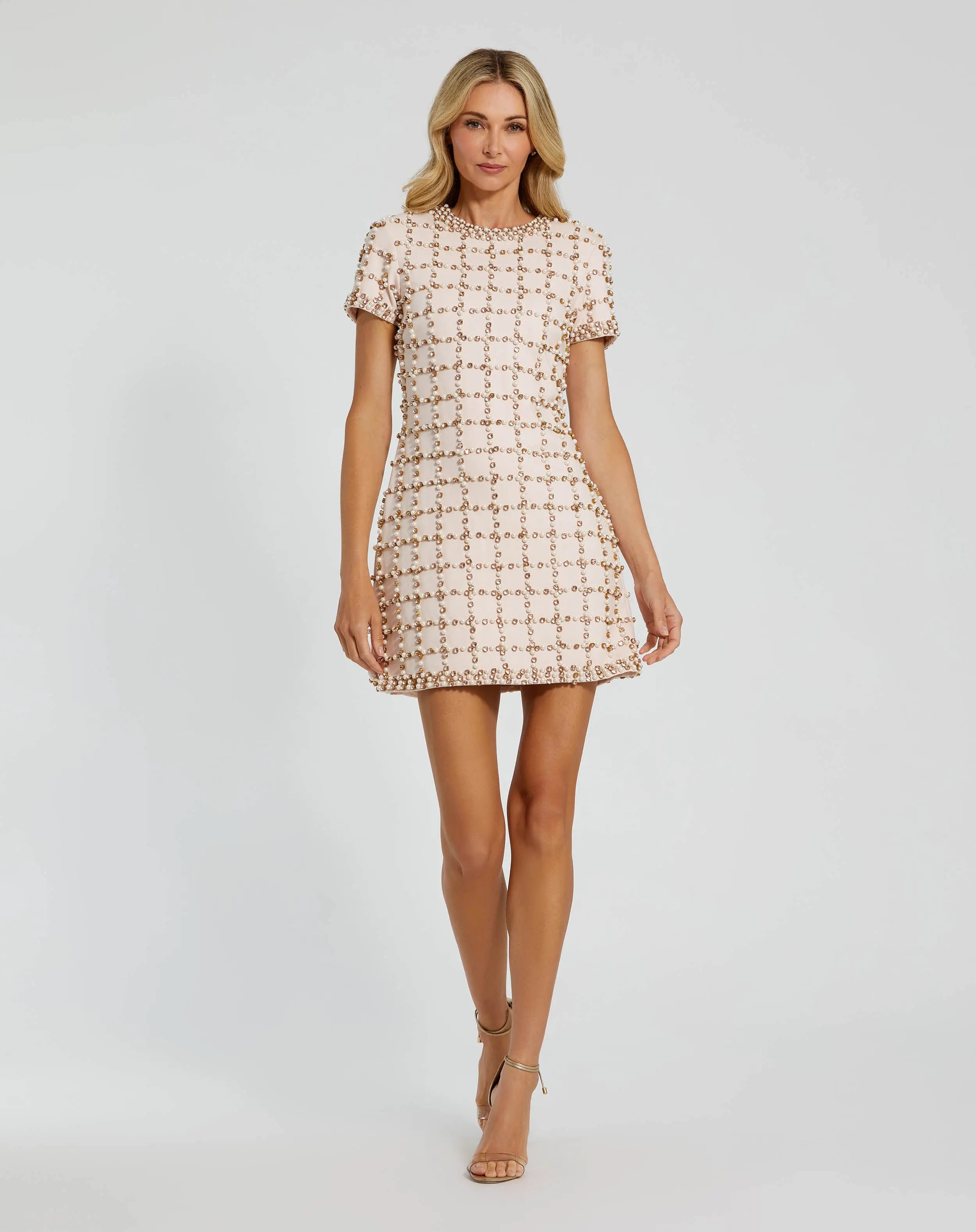 Light Pink Rhinestone Pearl Beaded Mini Dress-Myartka